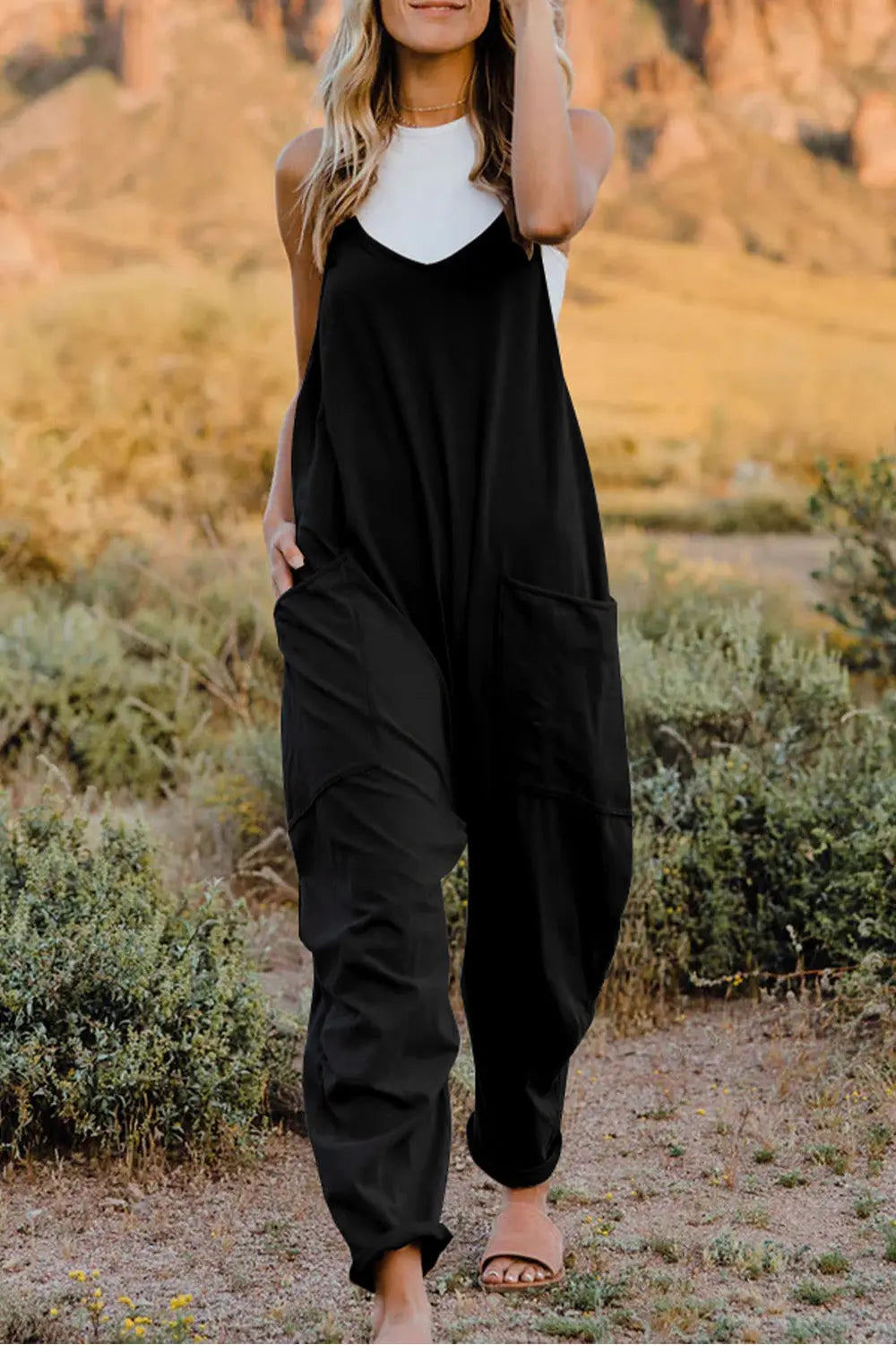 Double Take Full Size V-Neck Sleeveless Jumpsuit with Pocket