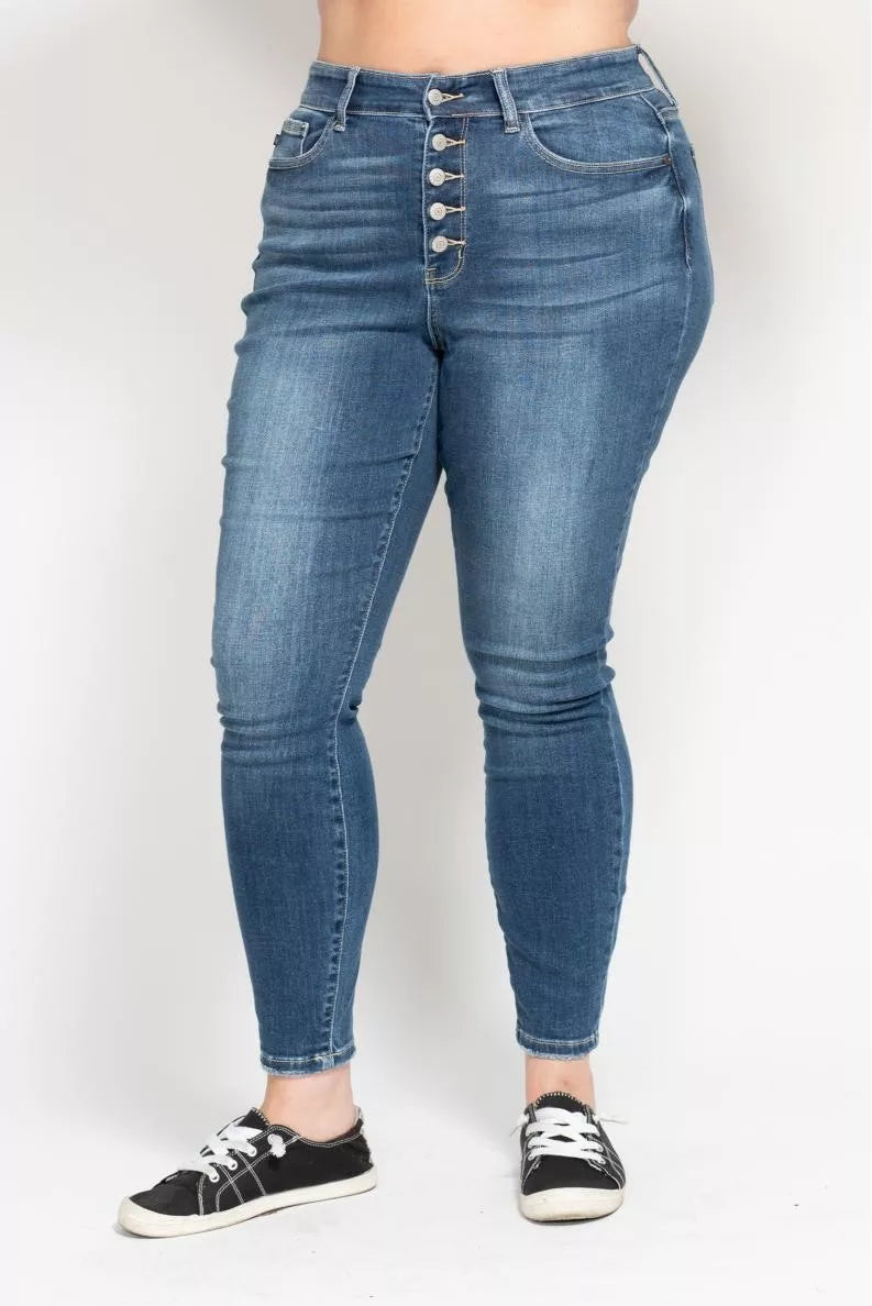 Judy Blue Full Size High Rise Button Fly Skinny Jeans Plus Size - Be Bliss Boutique