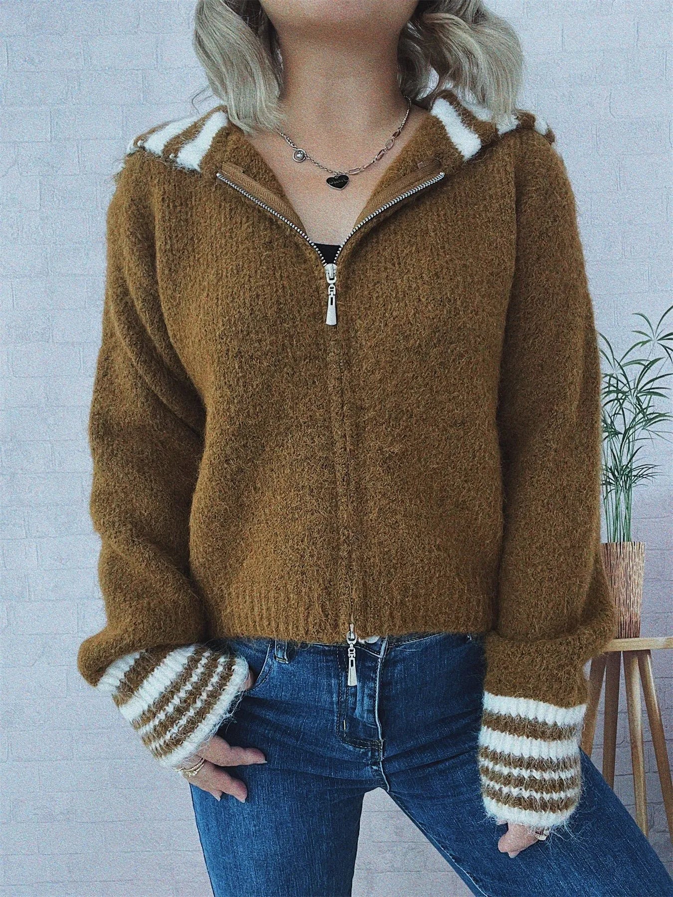 Striped Zip-Up Cardigan -  Be Bliss Boutique