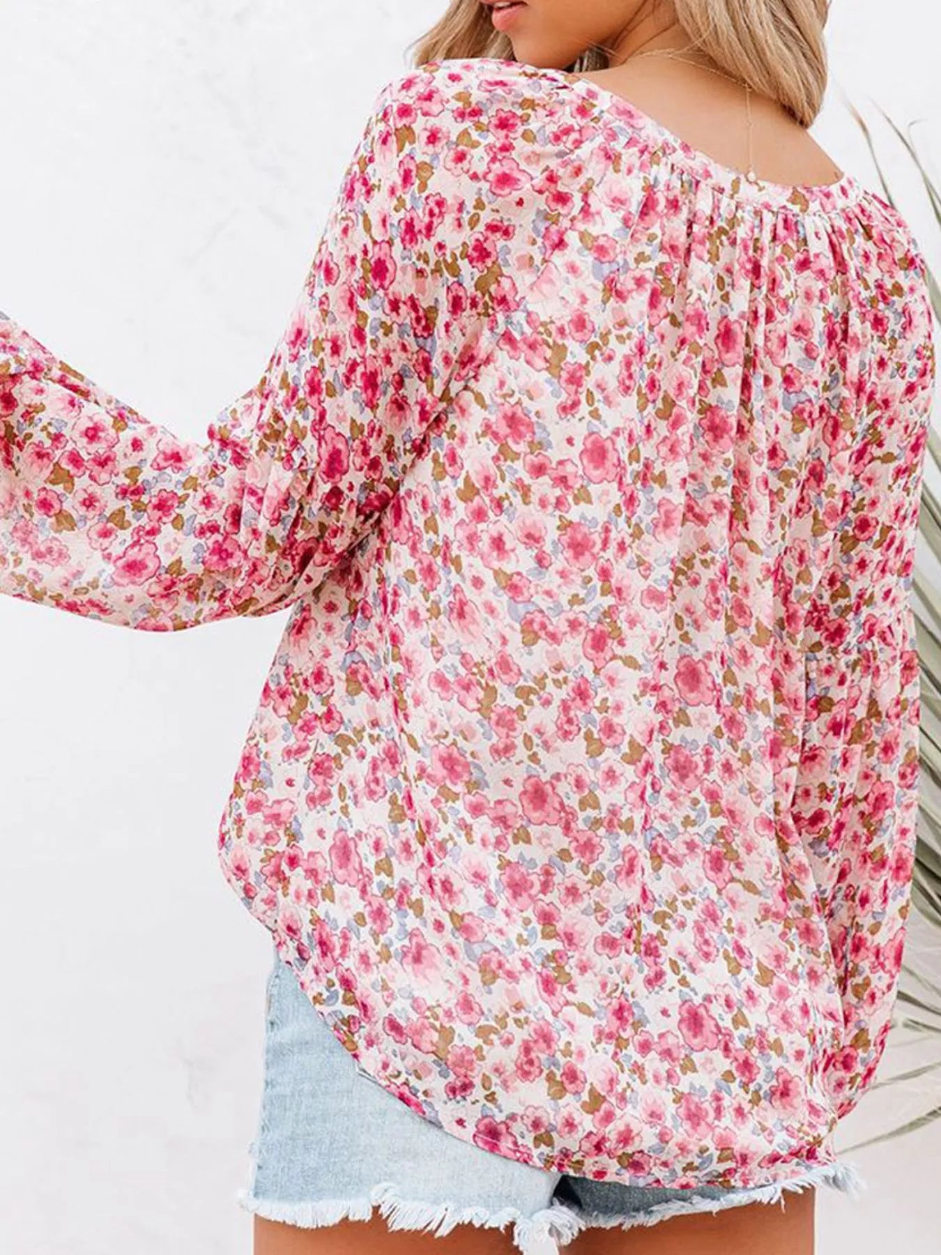 Full Size Floral Print V Neck Long Sleeve Blouse - Be Bliss Boutique