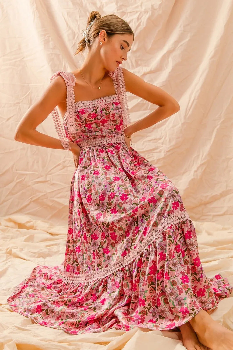 SO ME Floral Maxi Dress With Ribbon Tie Lace Strap -  Be Bliss Boutique