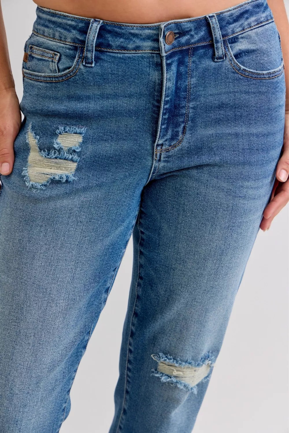 Judy Blue Full Size Mid Rise Bf Patch & Repair Destroy Release Hem Jeans Plus Size - Be Bliss Boutique