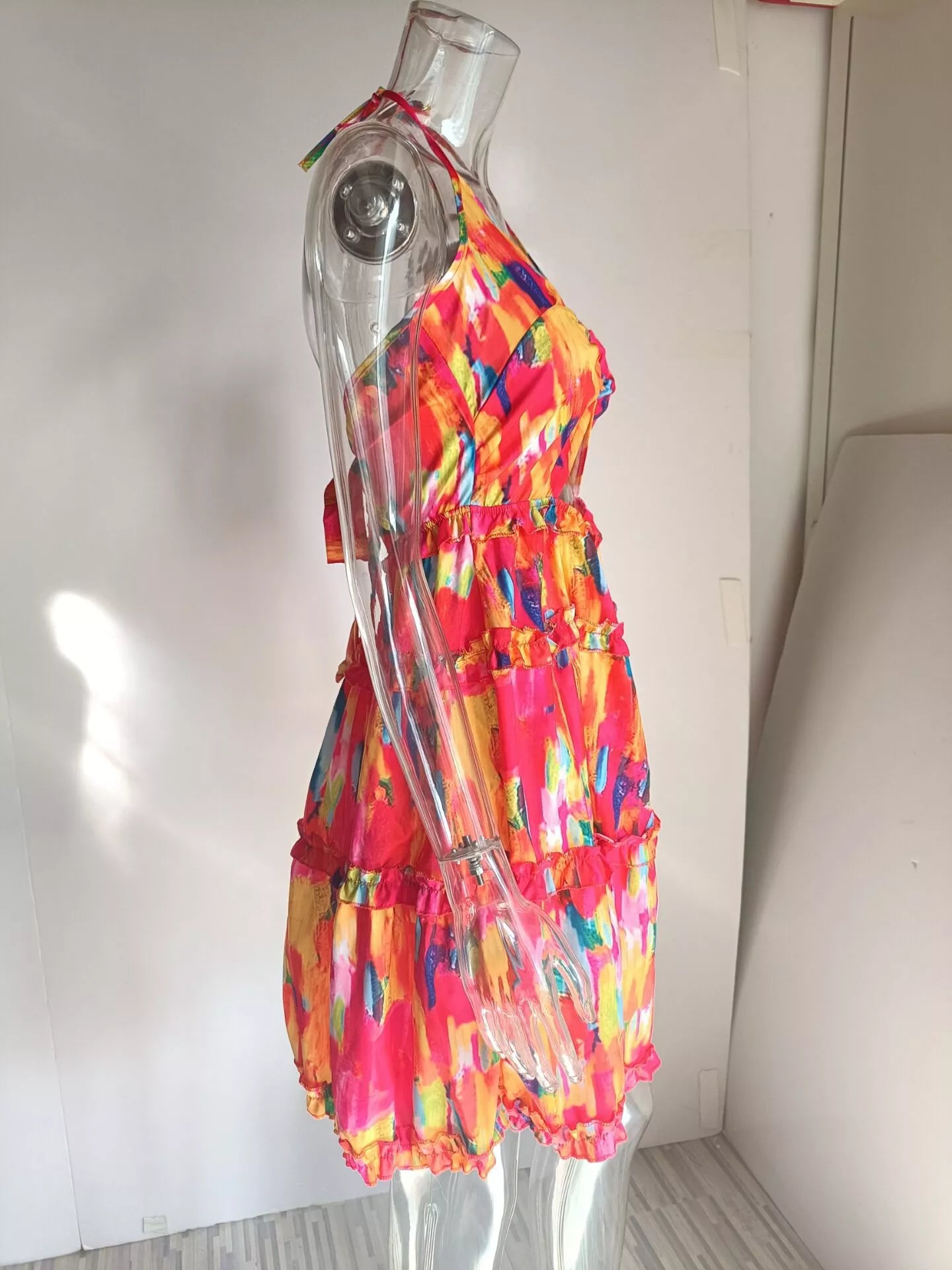 Colorful Print Halter Neck Ruffle Mini Dress - Be Bliss Boutique