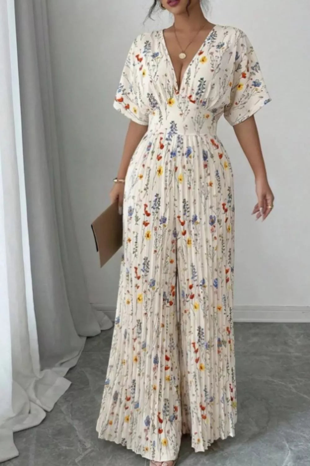 Floral Print Pleated Wide Leg Jumpsuit - Be Bliss Boutique