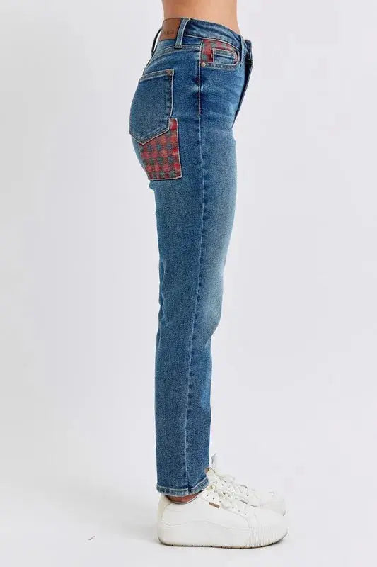 Judy Blue Full Size/Plus Size High Waist Plaid Patch Slim Fit Jeans | Be Bliss Boutique