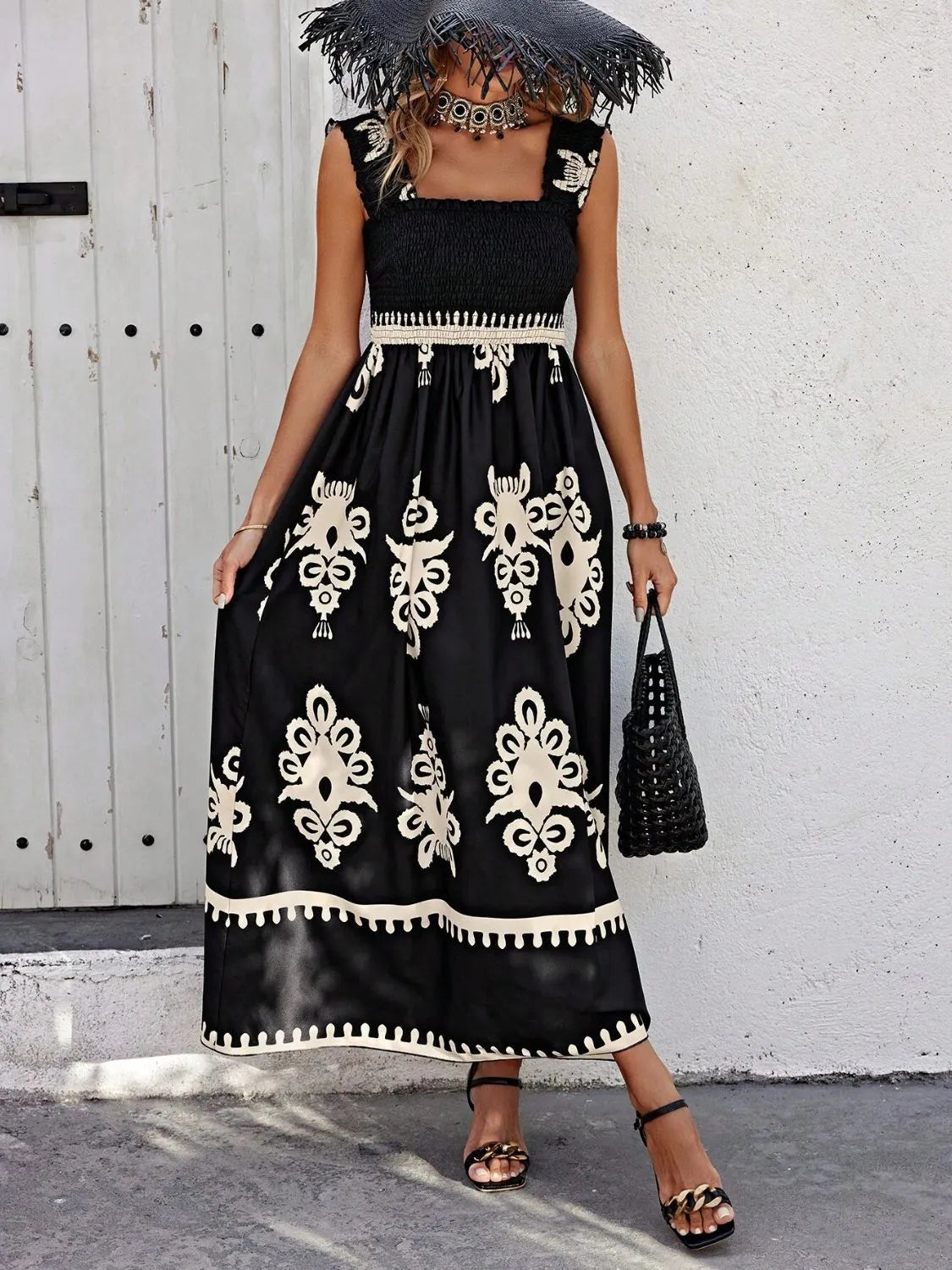 Smocked Printed Wide Strap Maxi Dress - Be Bliss Boutique