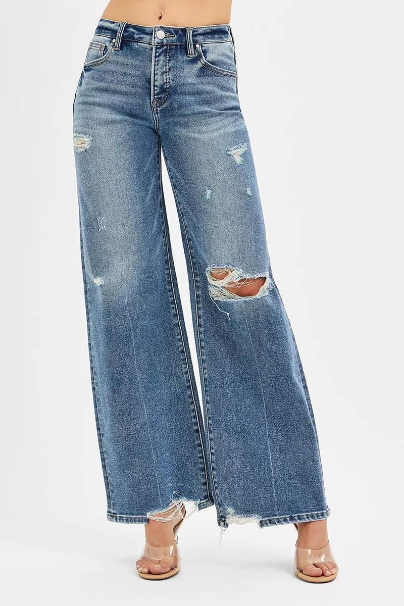 RISEN Tummy Control Mid Rise Fit Wide Jeans - Be Bliss Boutique