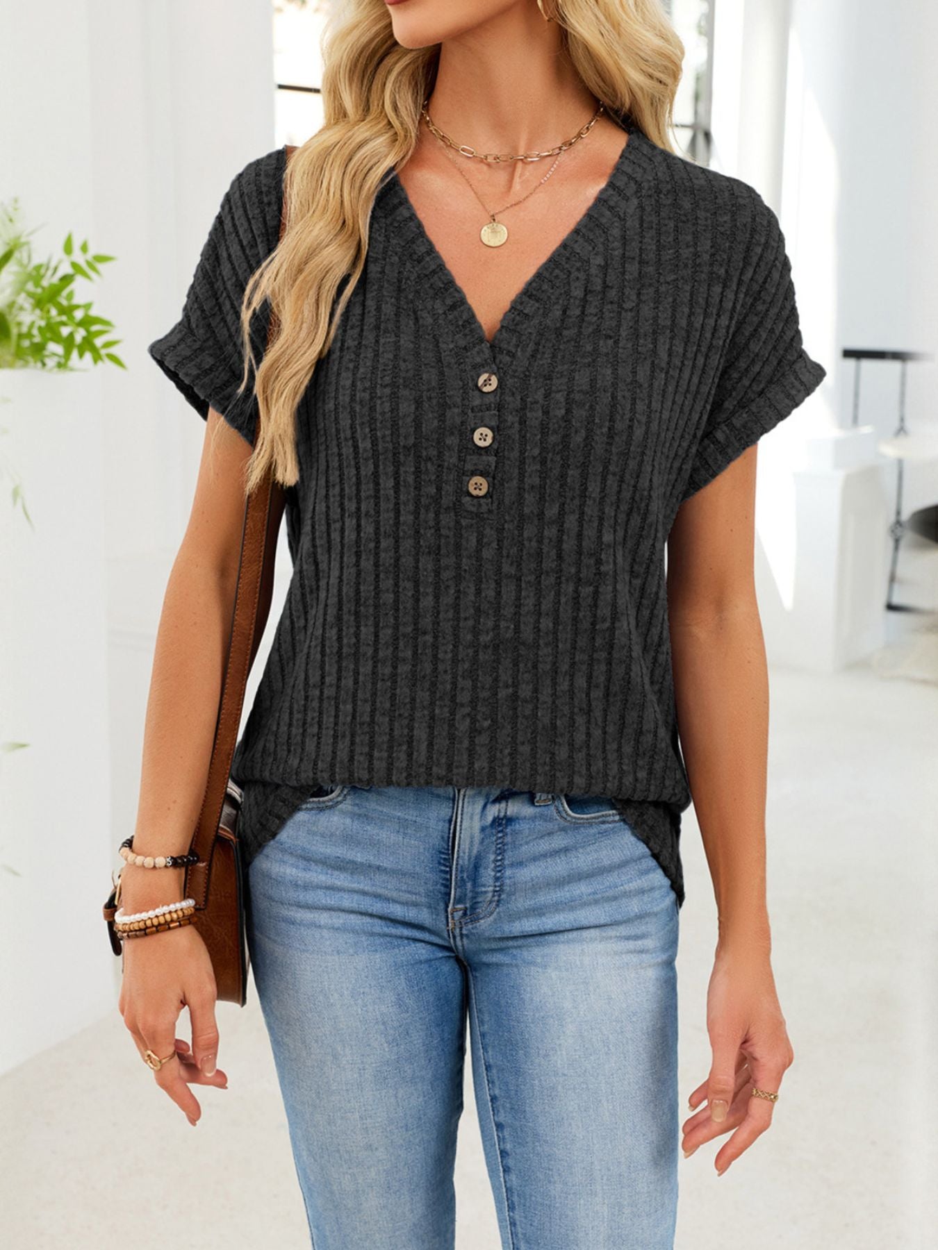 V Neck Ribbed Knit T Shirt - Be Bliss Boutique
