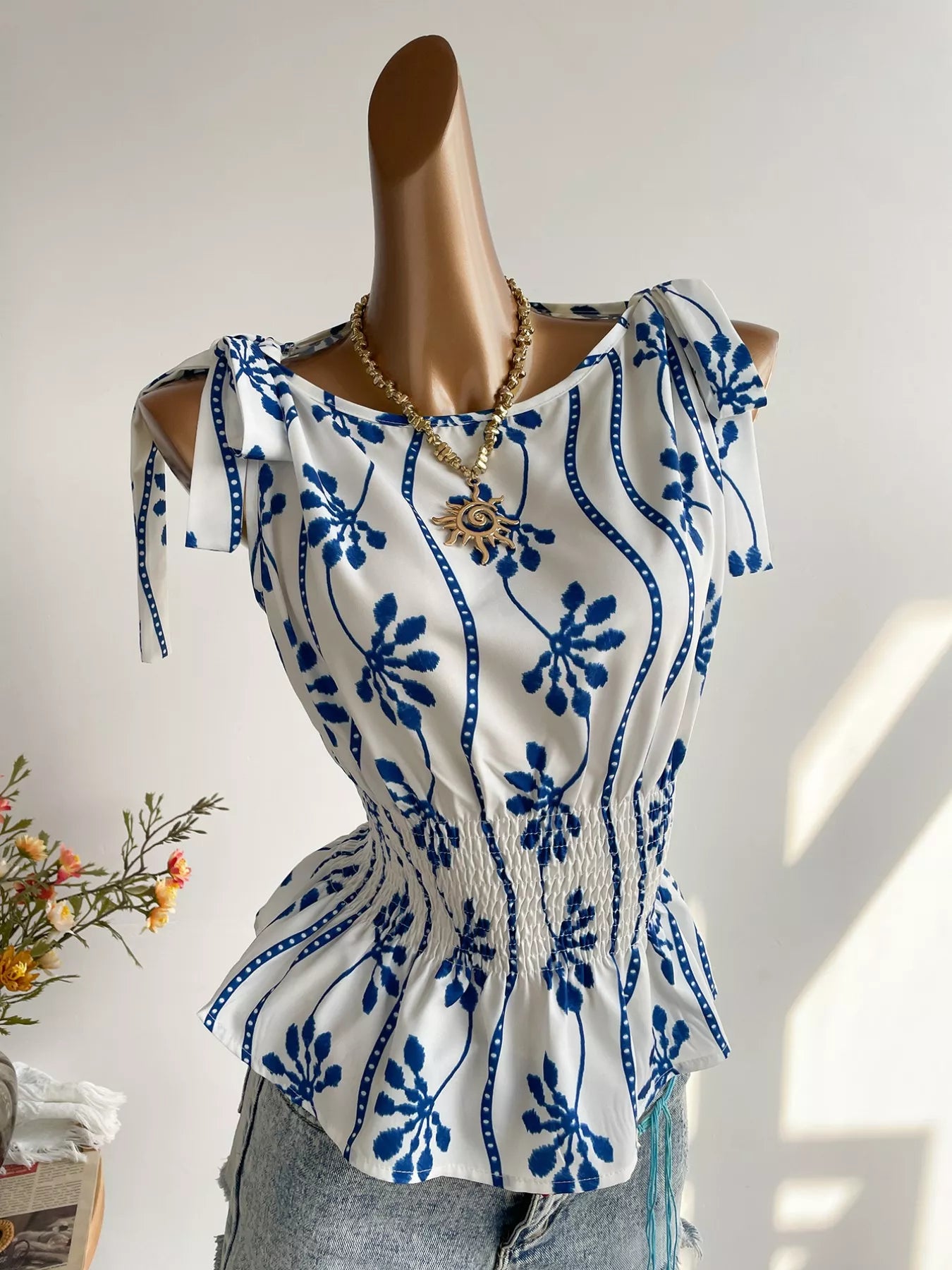 Smocked Tie Shoulder Blouse - Be Bliss Boutique