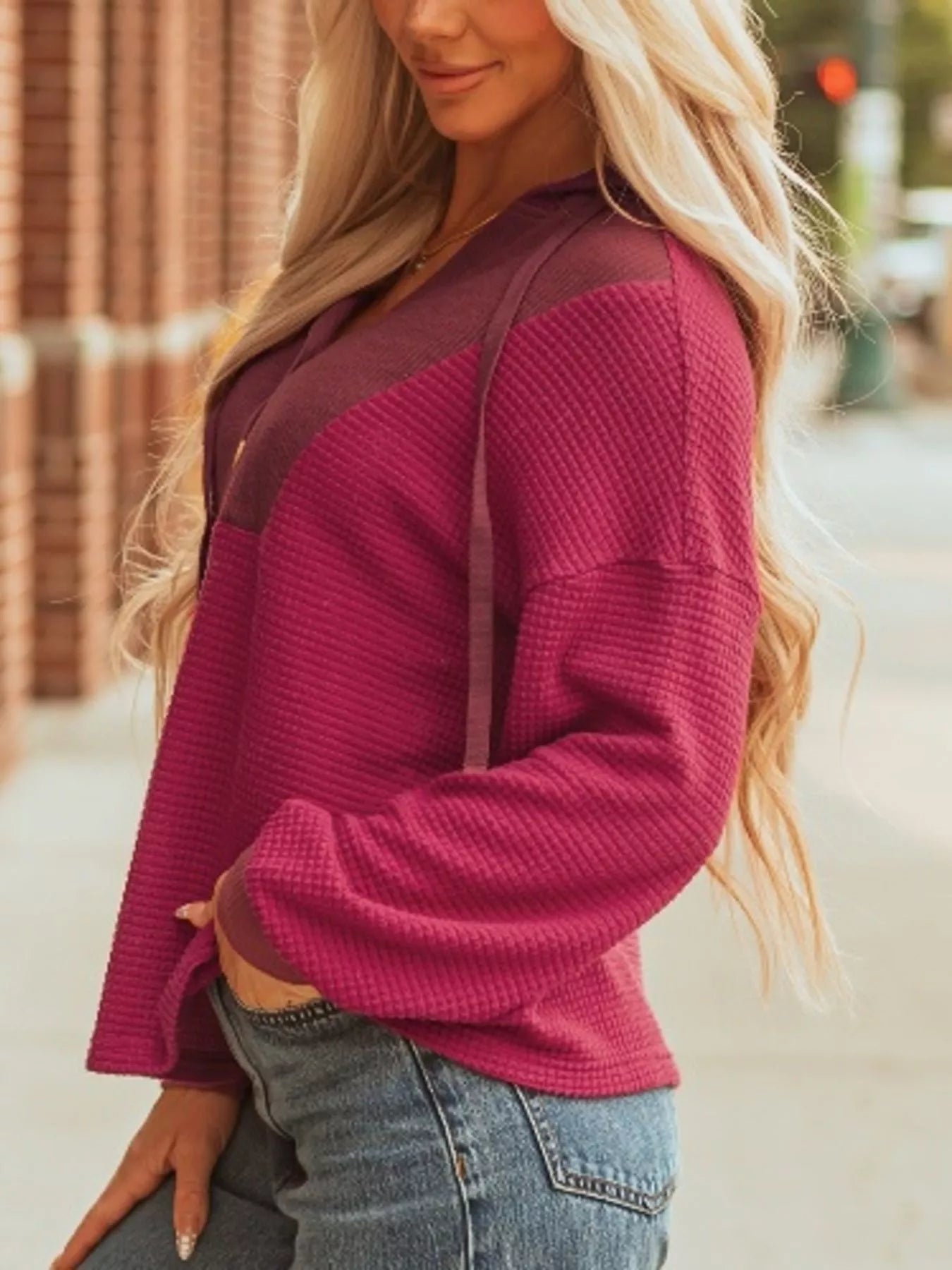 Waffle Knit Henley Sweatshirt with Button Detail -  Be Bliss Boutique