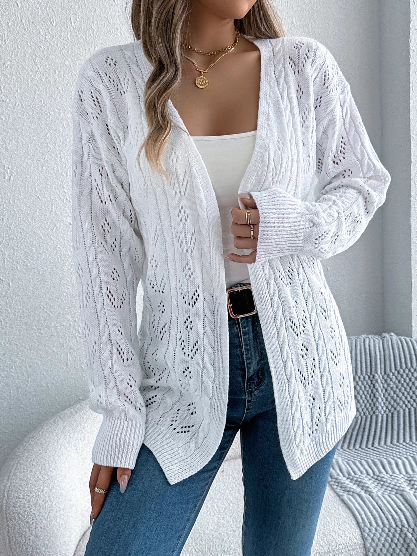 Openwork Open Front Long Sleeve Cardigan - Be Bliss Boutique