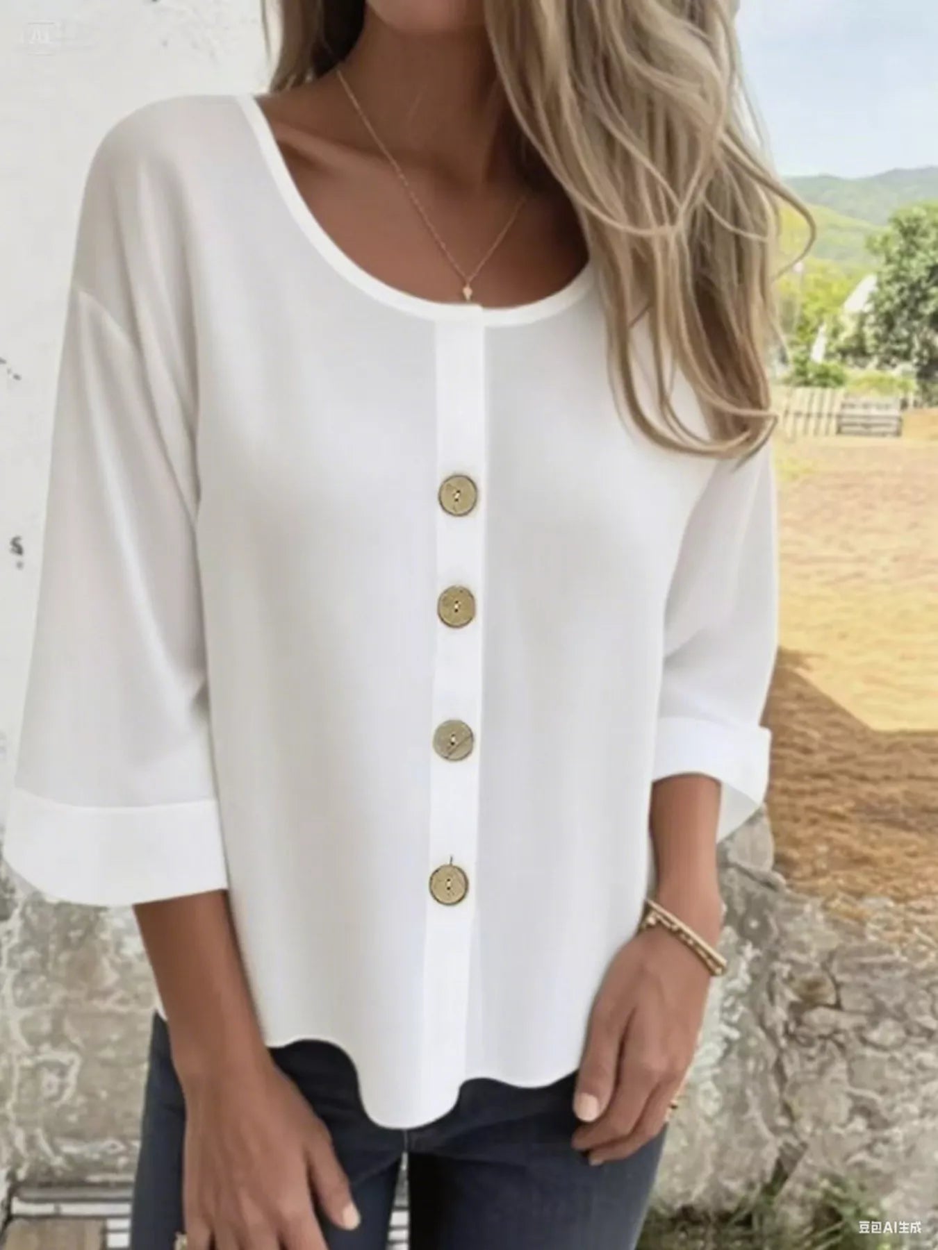 Full Size Button-Front 3/4 Sleeve Casual Blouse Plus Size -  Be Bliss Boutique