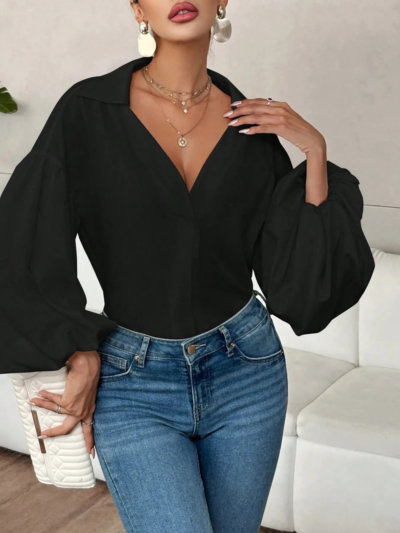 Polka Dot Balloon Sleeve Blouse -  Be Bliss Boutique