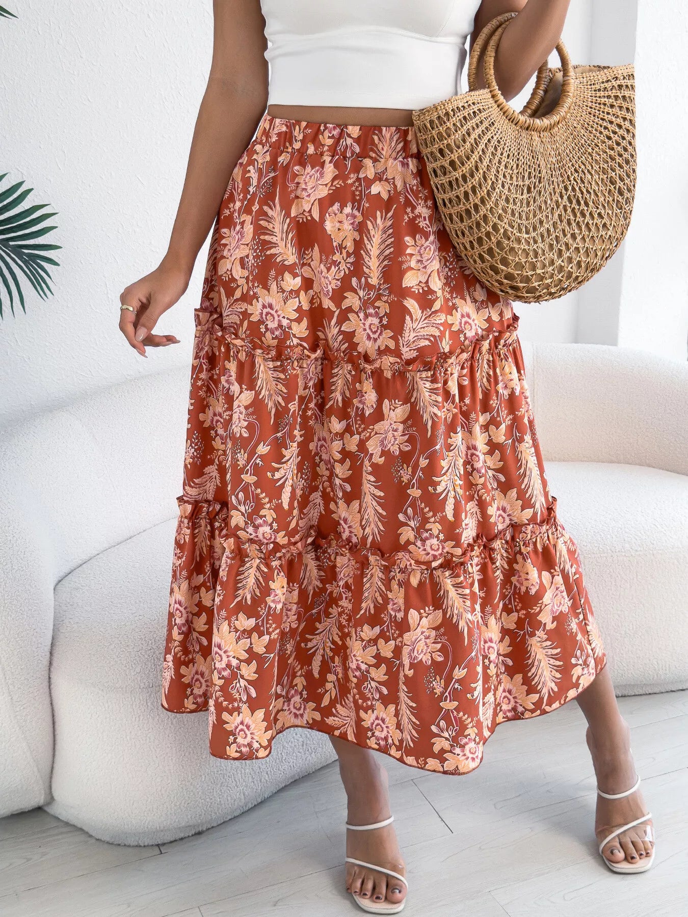 Floral Print Ruffle Hem Flowy Midi Skirt - Be Bliss Boutique