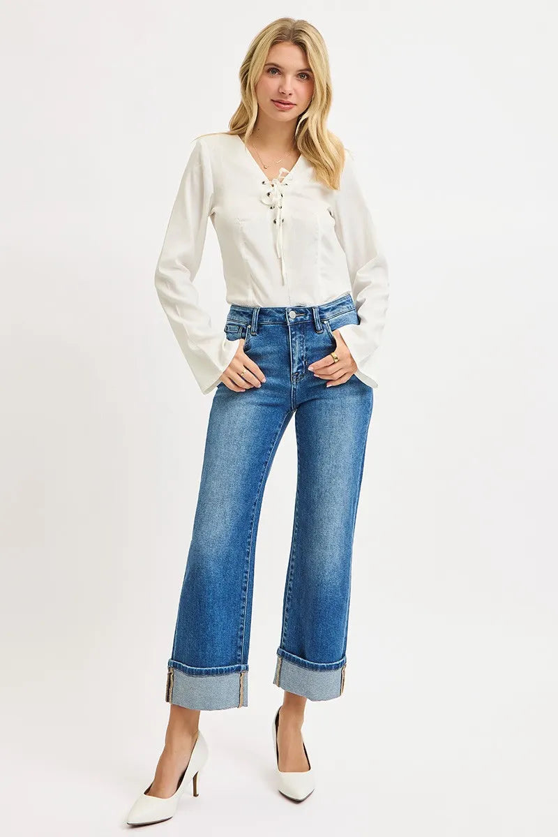 RISEN Full Size Mid Rise Crop Straight Cuffed Jeans Plus Size -  Be Bliss Boutique