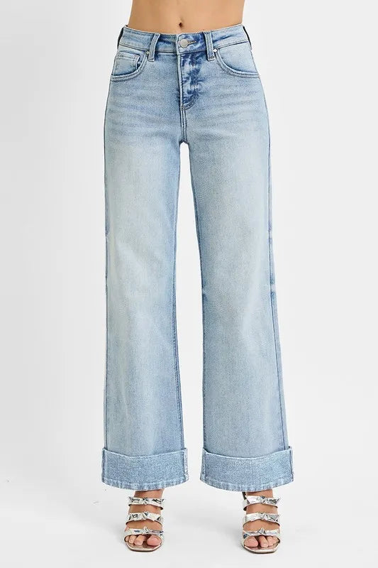 RISEN Full Size Tummy Control High Rise Ankle Wide Cuffed Jeans Plus Size -  Be Bliss Boutique