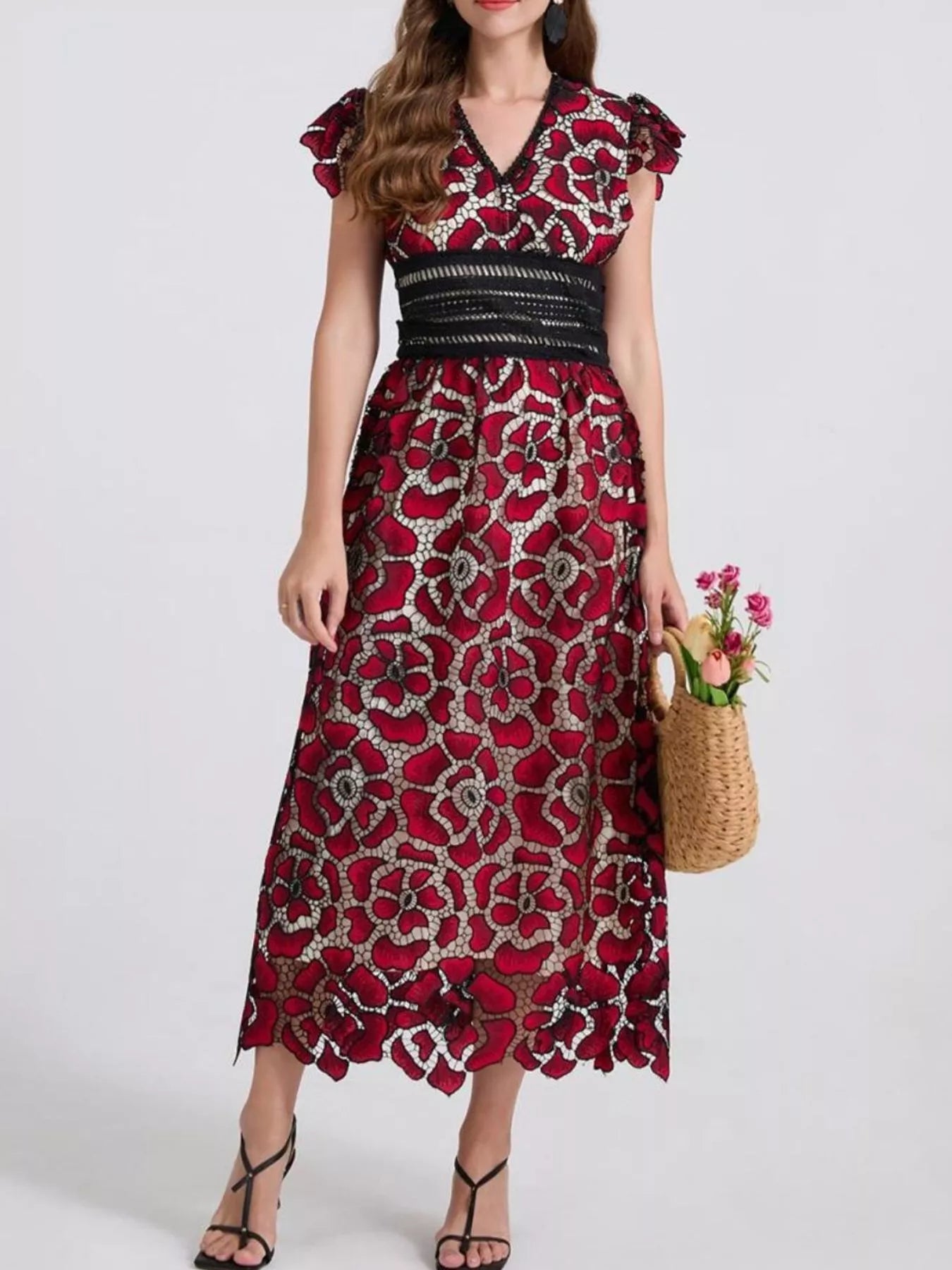 Printed V-Neck Ruffle Sleeve Midi Dress - Be Bliss Boutique