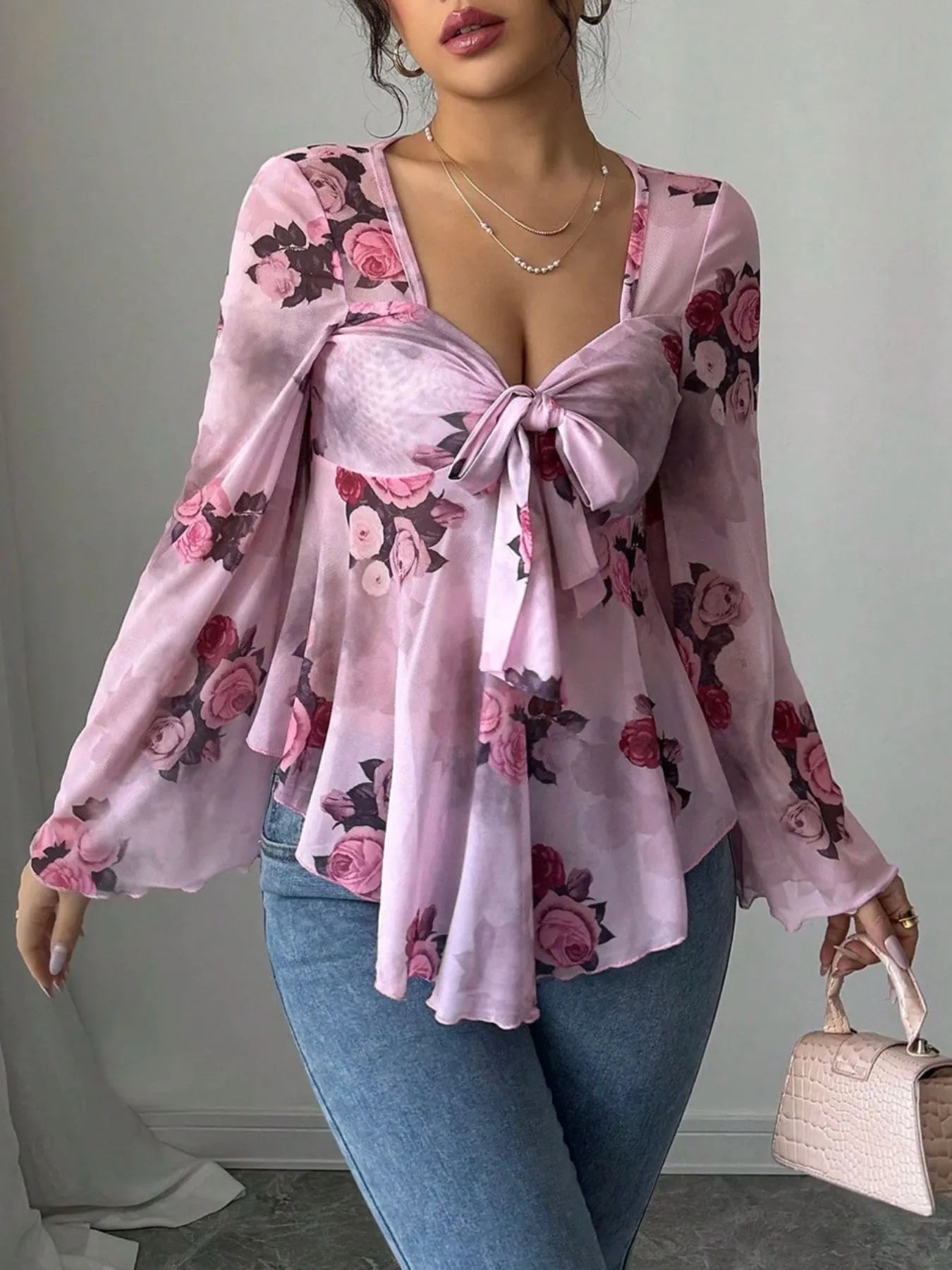 Floral Tie Front Flare Sleeve Blouse -  Be Bliss Boutique