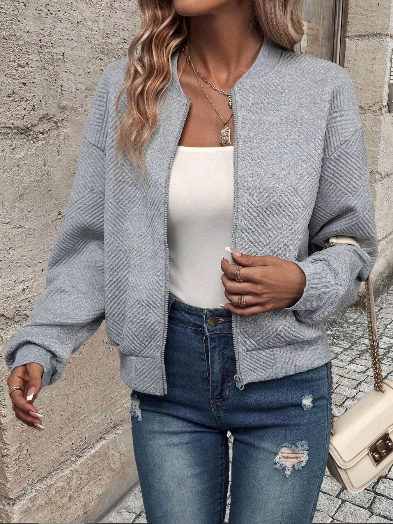 Texture Zip-Up Bomber Jacket - Be Bliss Boutique