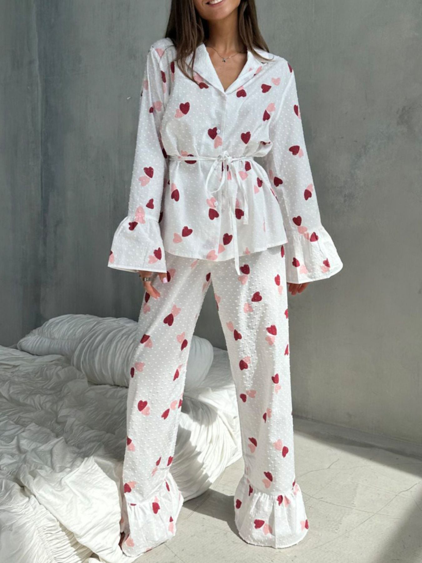 Heart Print Ruffle Trim Button-Up Cotton Lounge Set - Be Bliss Boutique