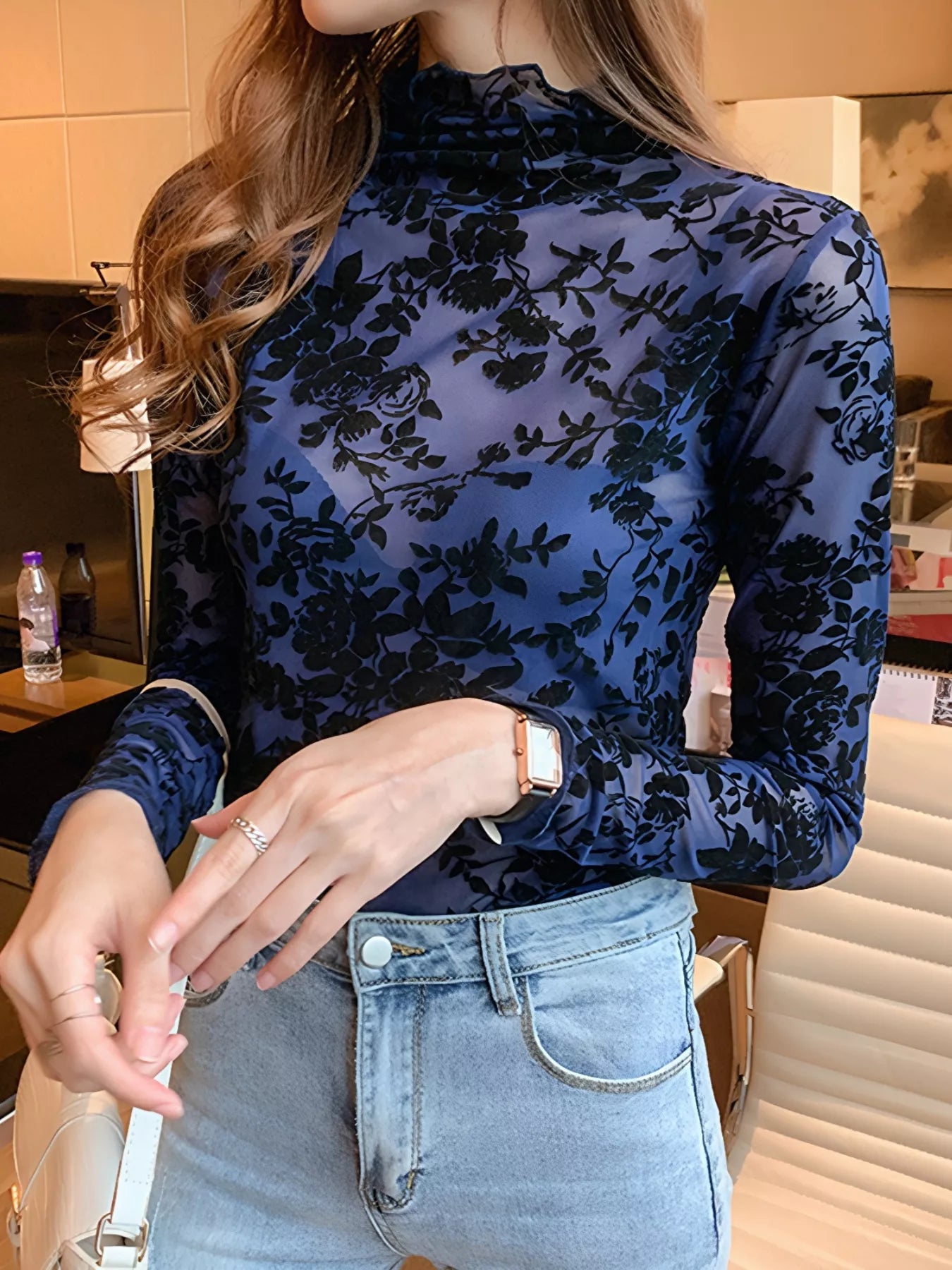 Floral Turtleneck Long Sleeve Top - Be Bliss Boutique