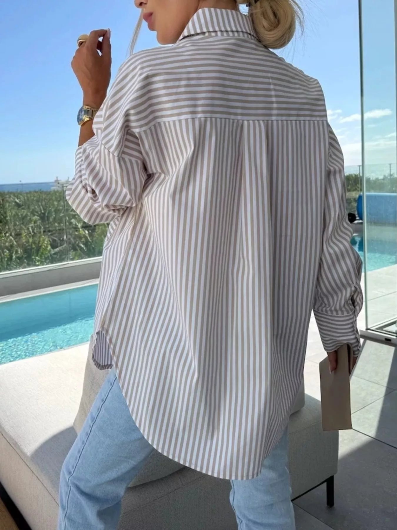 Striped Oversized Button-Down Shirt -  Be Bliss Boutique