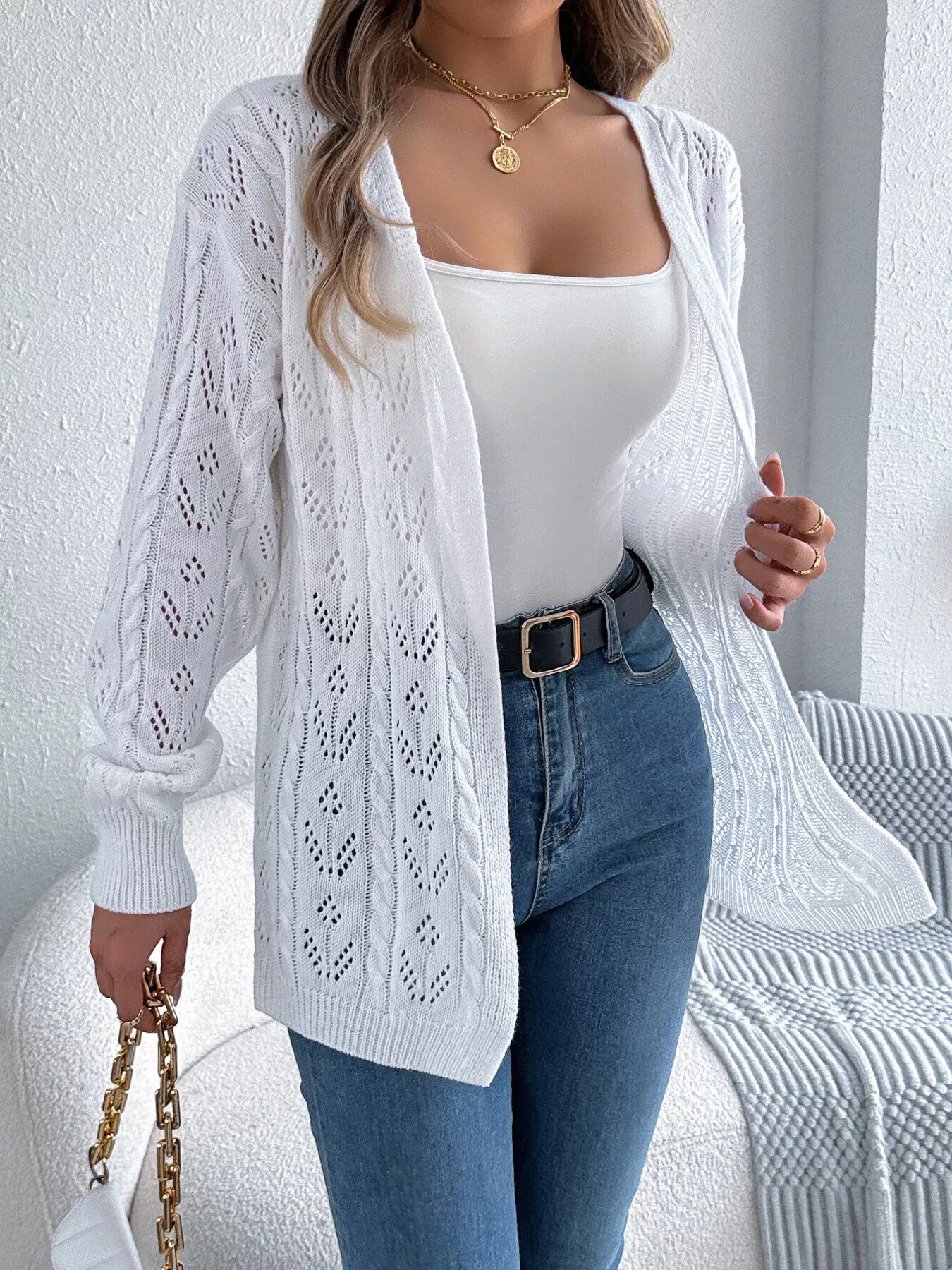 Openwork Open Front Long Sleeve Cardigan - Be Bliss Boutique