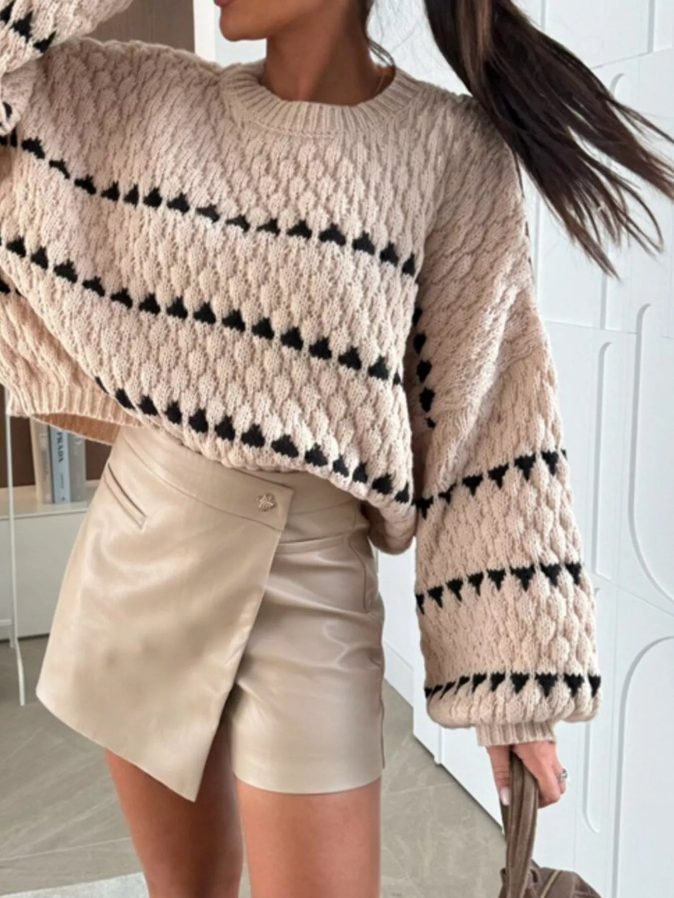 Chunky Knit Striped Sweater with Balloon Sleeves -  Be Bliss Boutique