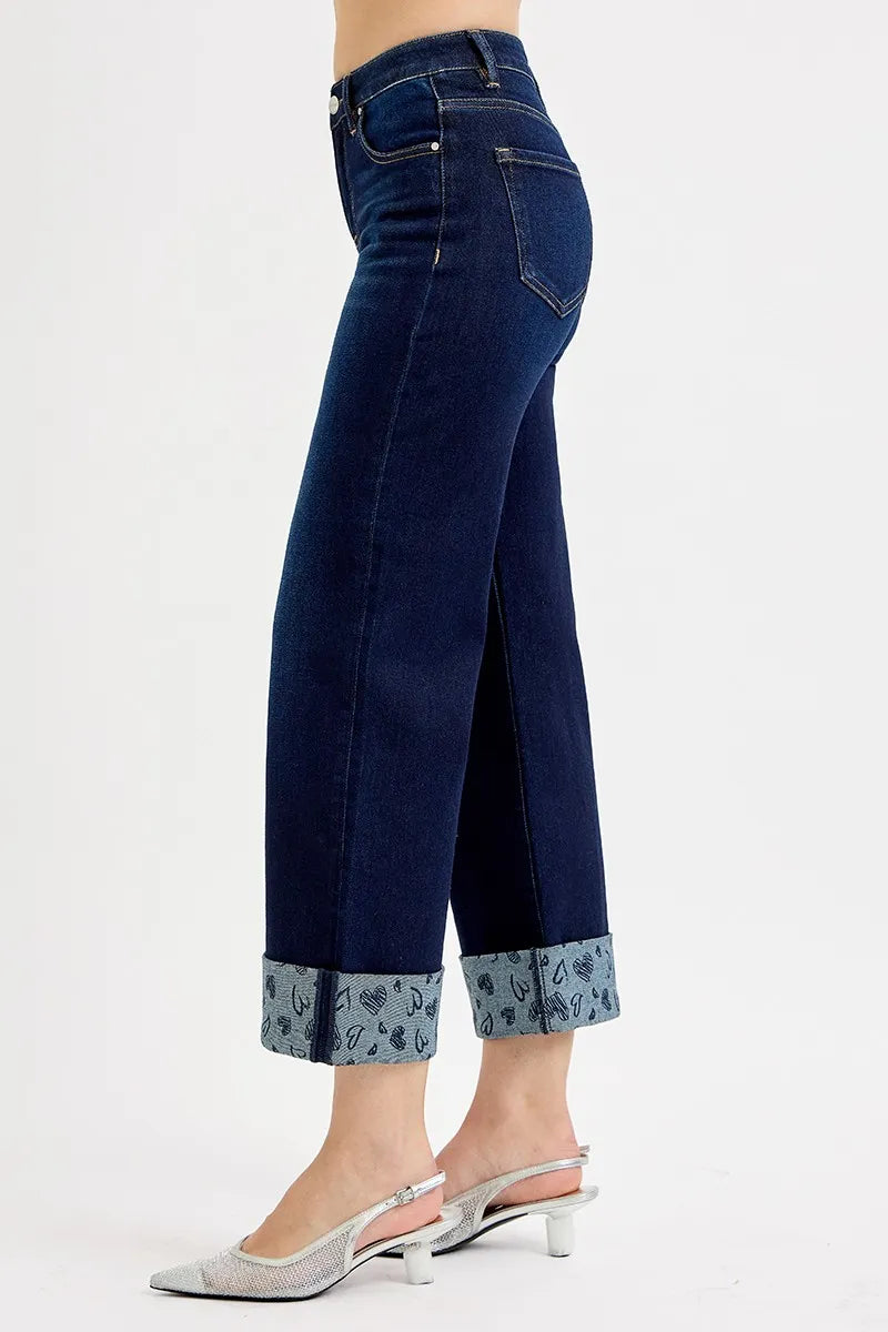 RISEN Full Size Mid Rise Fit Crop Wide With Printed Cuff Jeans Plus Size -  Be Bliss Boutique