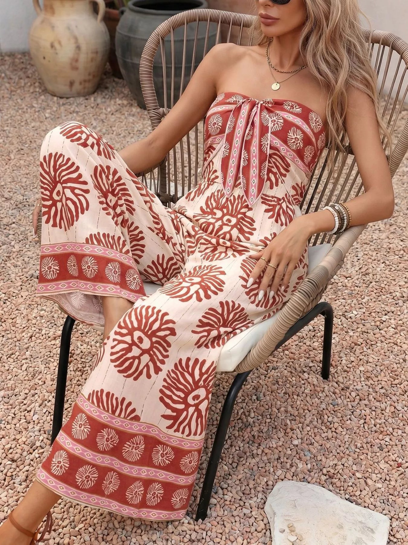Floral Print Strapless Wide Leg Jumpsuit - Be Bliss Boutique