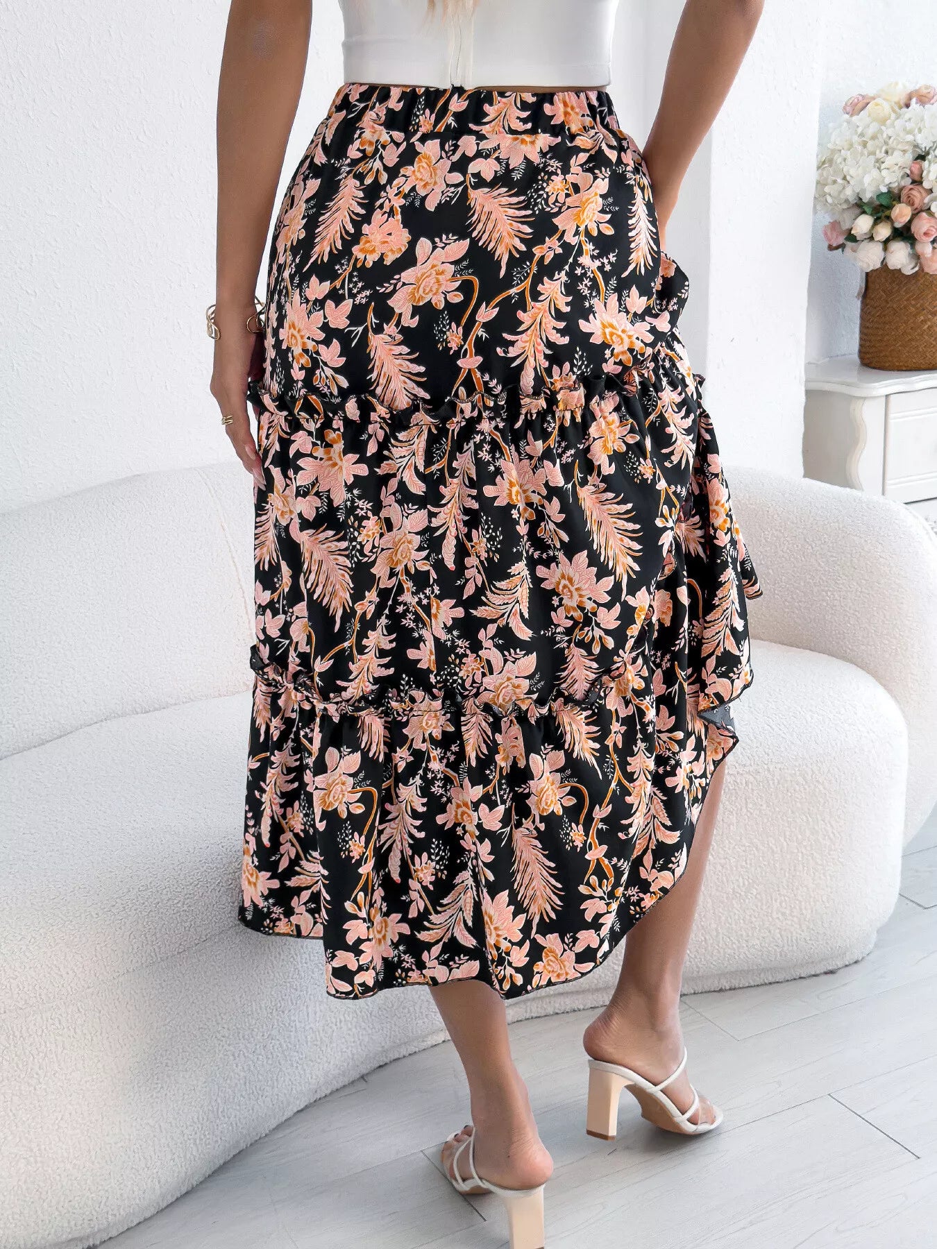 Floral Print Ruffle Hem Flowy Midi Skirt - Be Bliss Boutique
