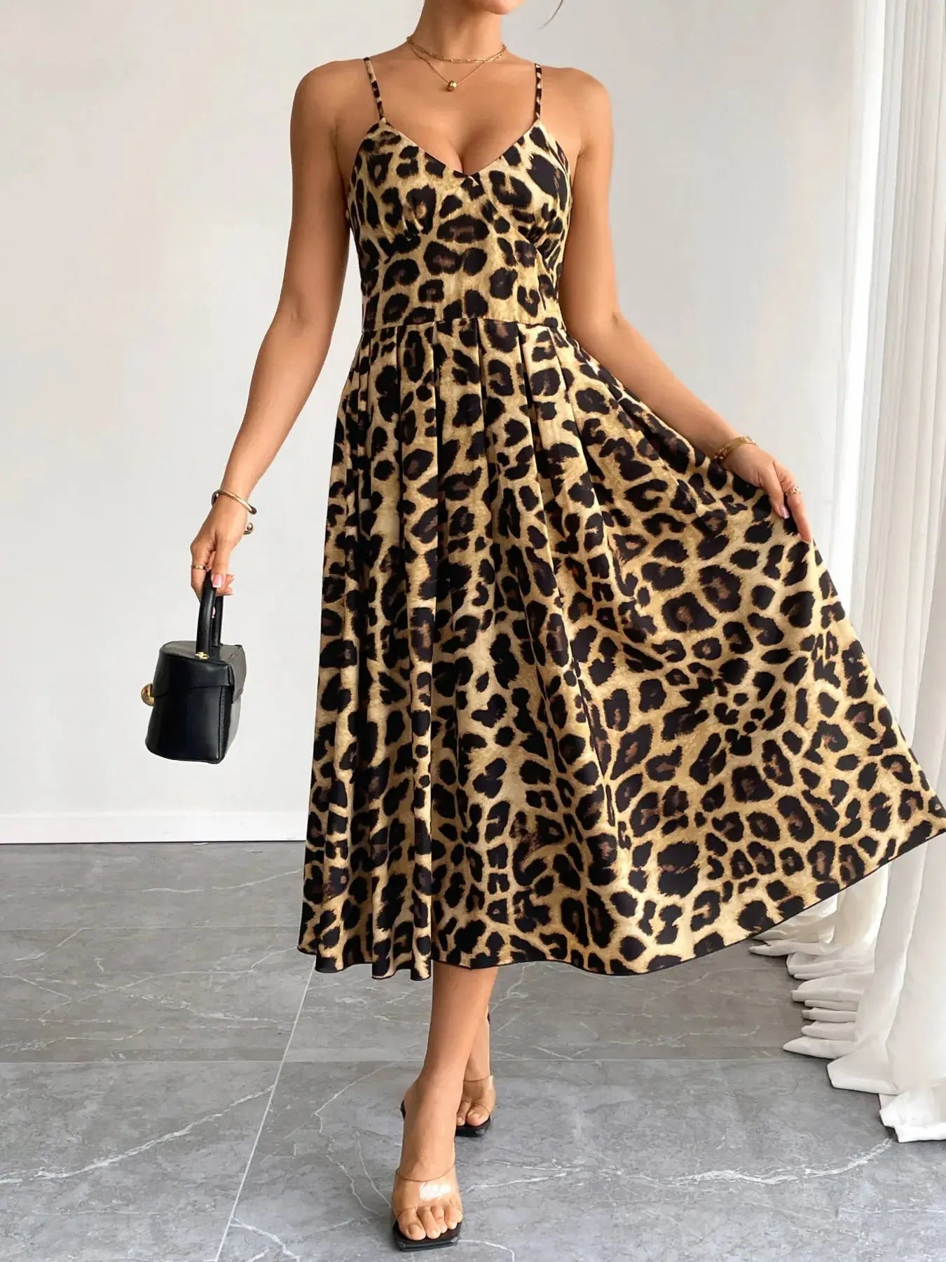 Leopard Print Cami Midi Dress with Adjustable Straps |  Be Bliss Boutique