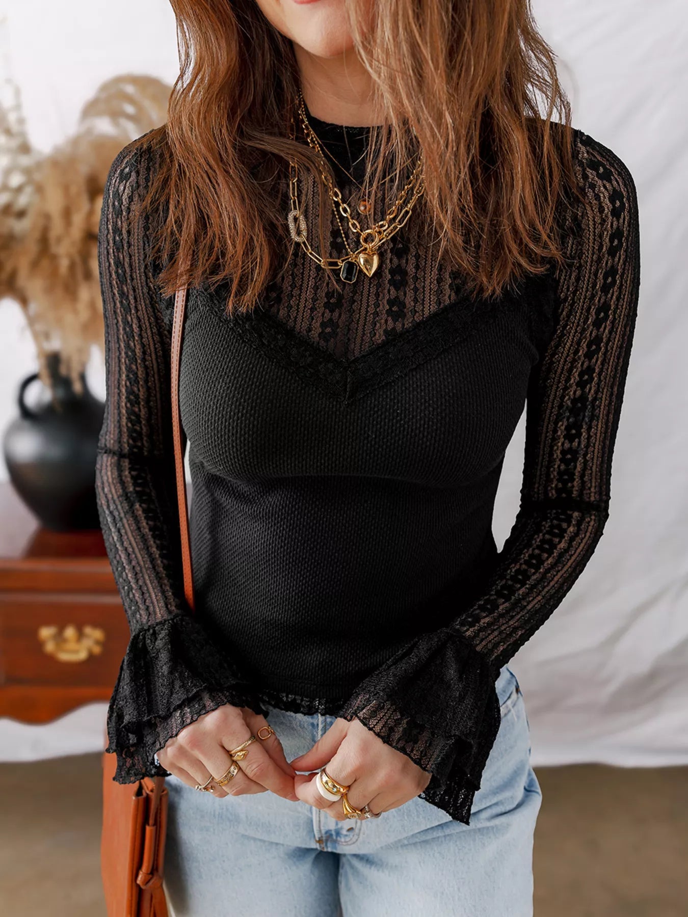 Lace Patchwork Flounce Sleeve Slim Fit Top -  Be Bliss Boutique
