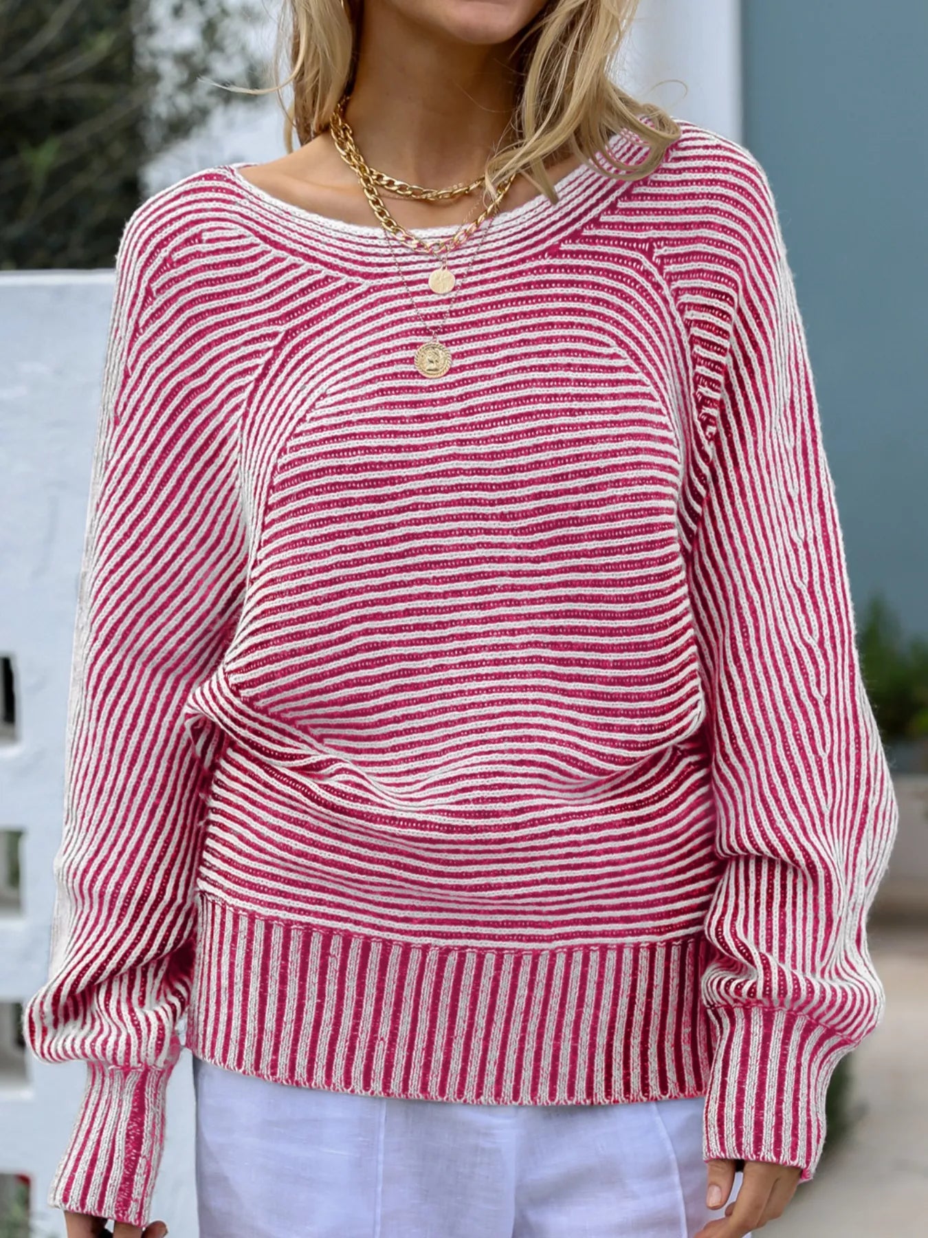 Striped Boat Neck Casual Sweater -  Be Bliss Boutique