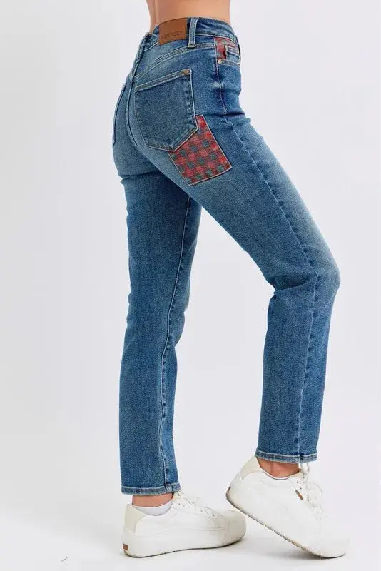 Judy Blue Full Size/Plus Size High Waist Plaid Patch Slim Fit Jeans | Be Bliss Boutique