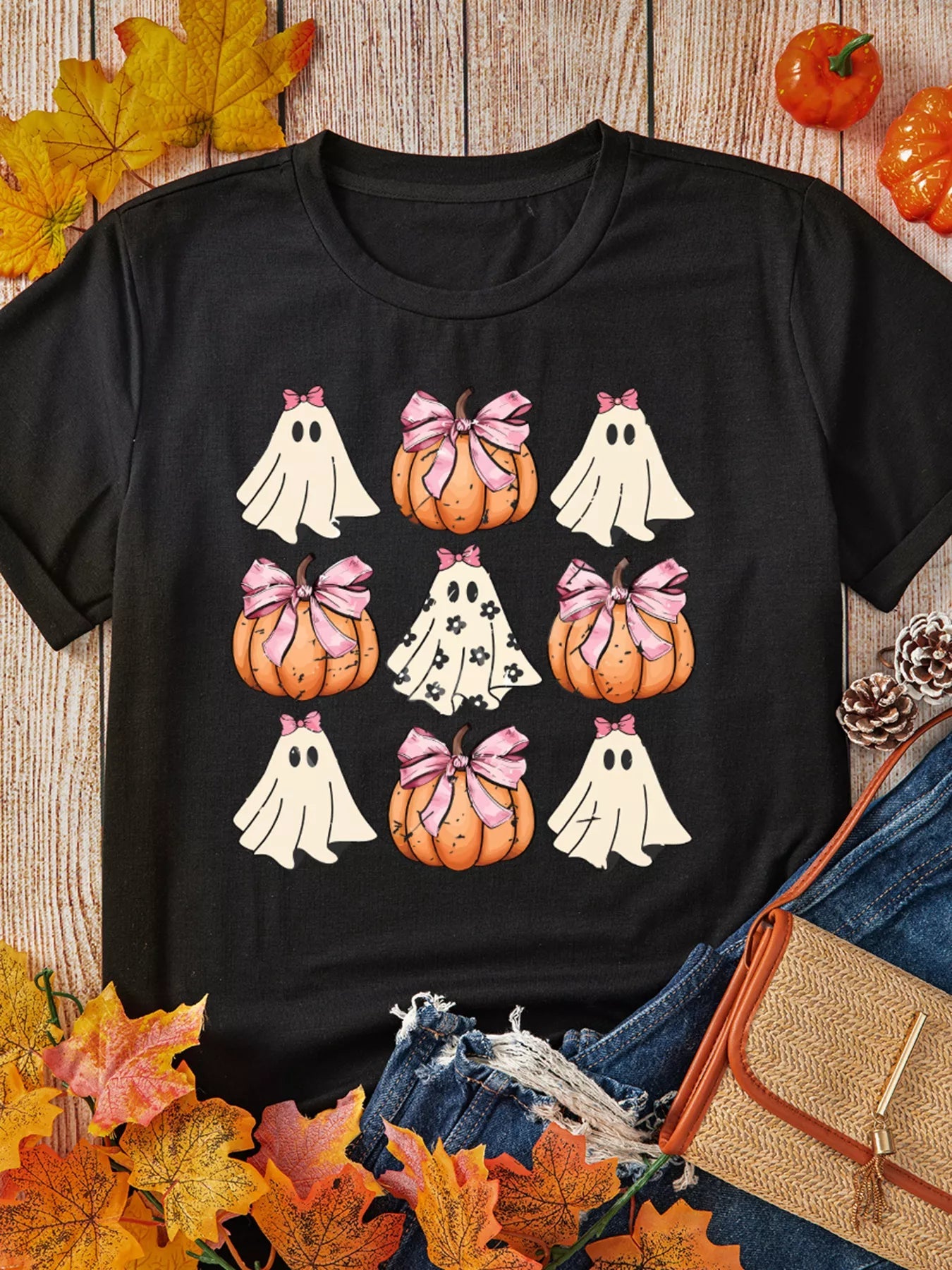Halloween Bowknot Ghost Pumpkin Graphic T Shirt -  Be Bliss Boutique