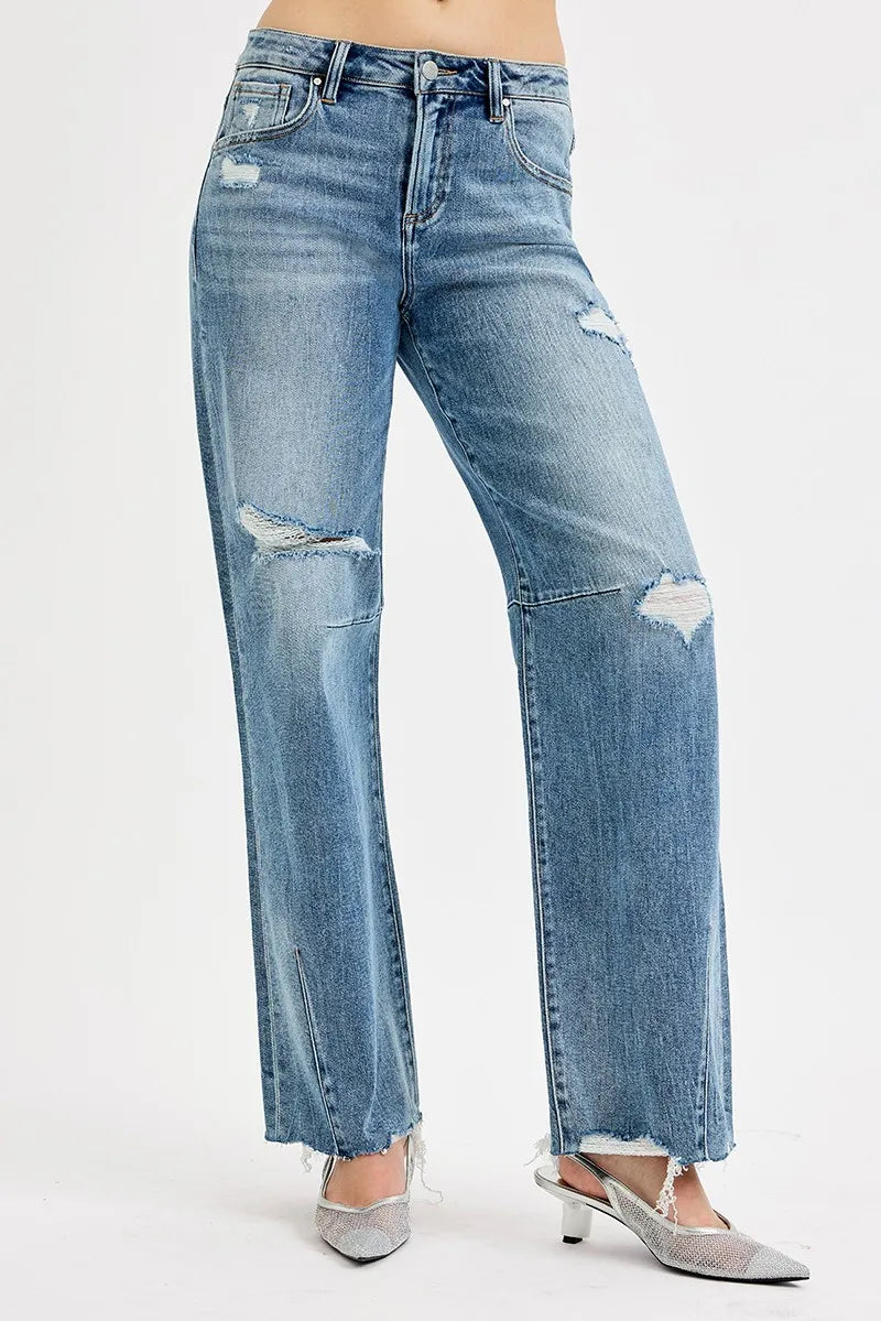 RISEN Full Size Mid Rise Fit Wide Baggy Leg Tie Washed Jeans Plus Size -  Be Bliss Boutique