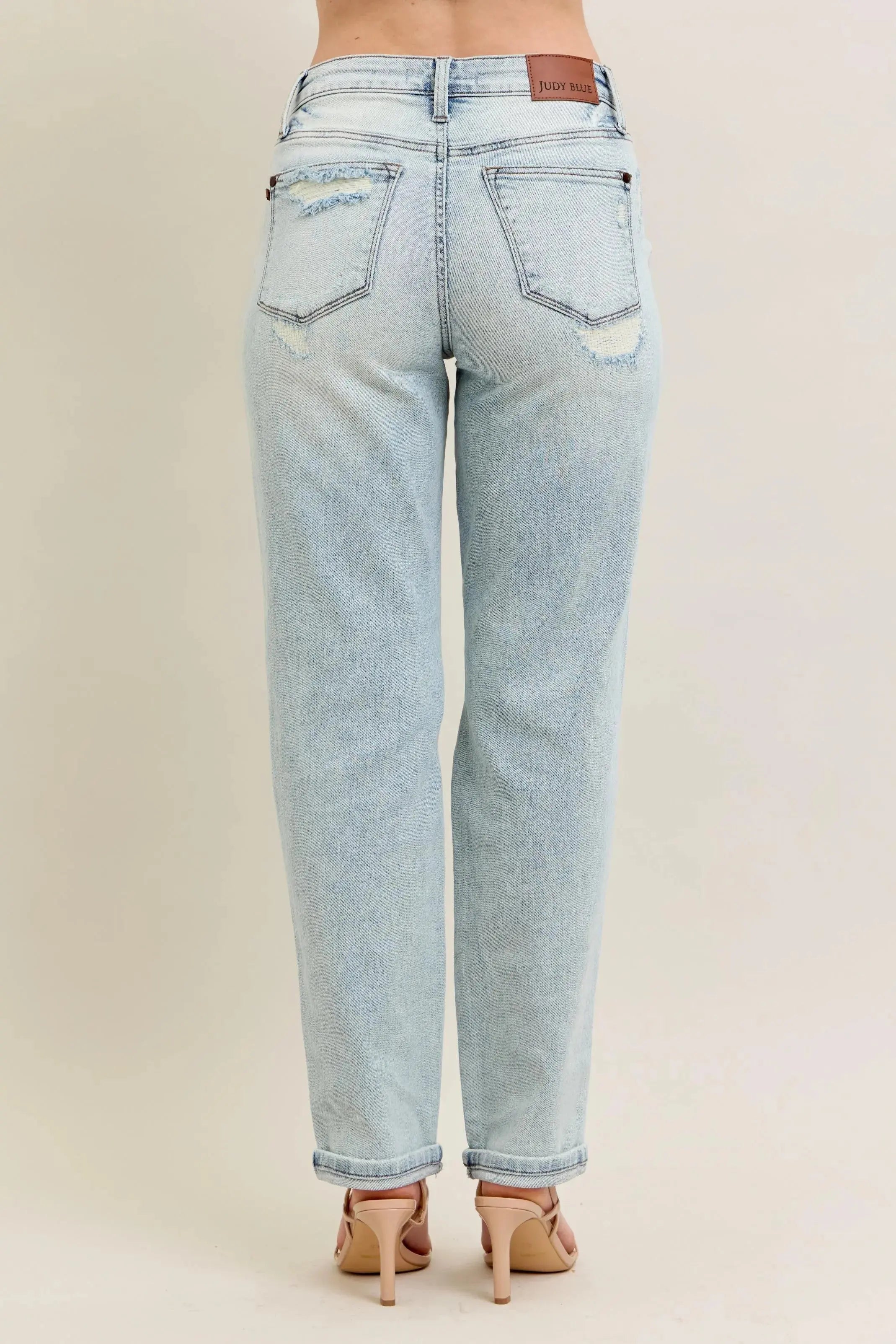 Judy Blue Full Size / Plus Size Mr Repair Stitch Detail Destroy Single Cuff Boyfriend Jeans |  Be Bliss Boutique