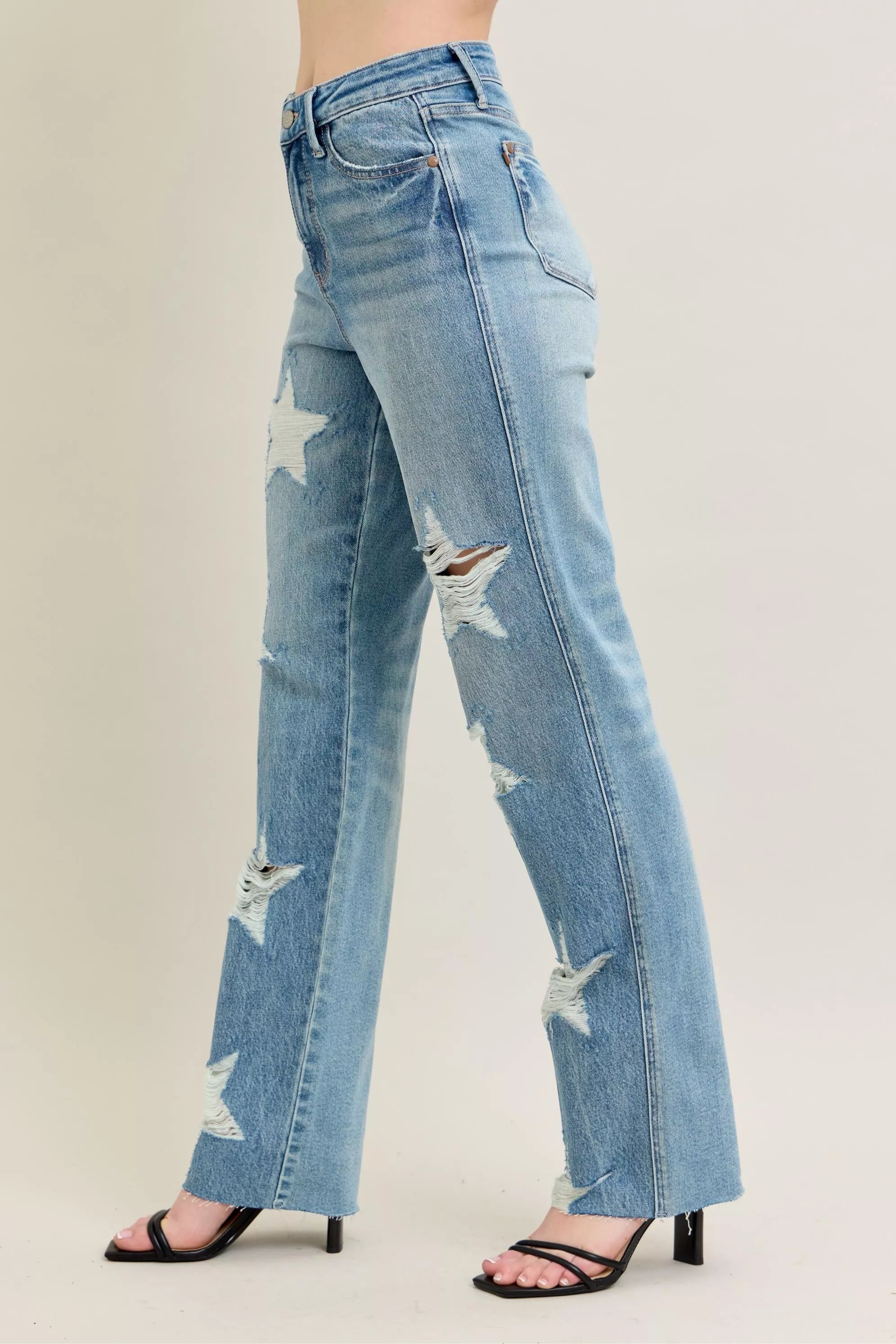 Judy Blue Full Size High Waist  Rigid Magic Star Shaped Destroy 90's Straight Jeans Plus Size - Be Bliss Boutique