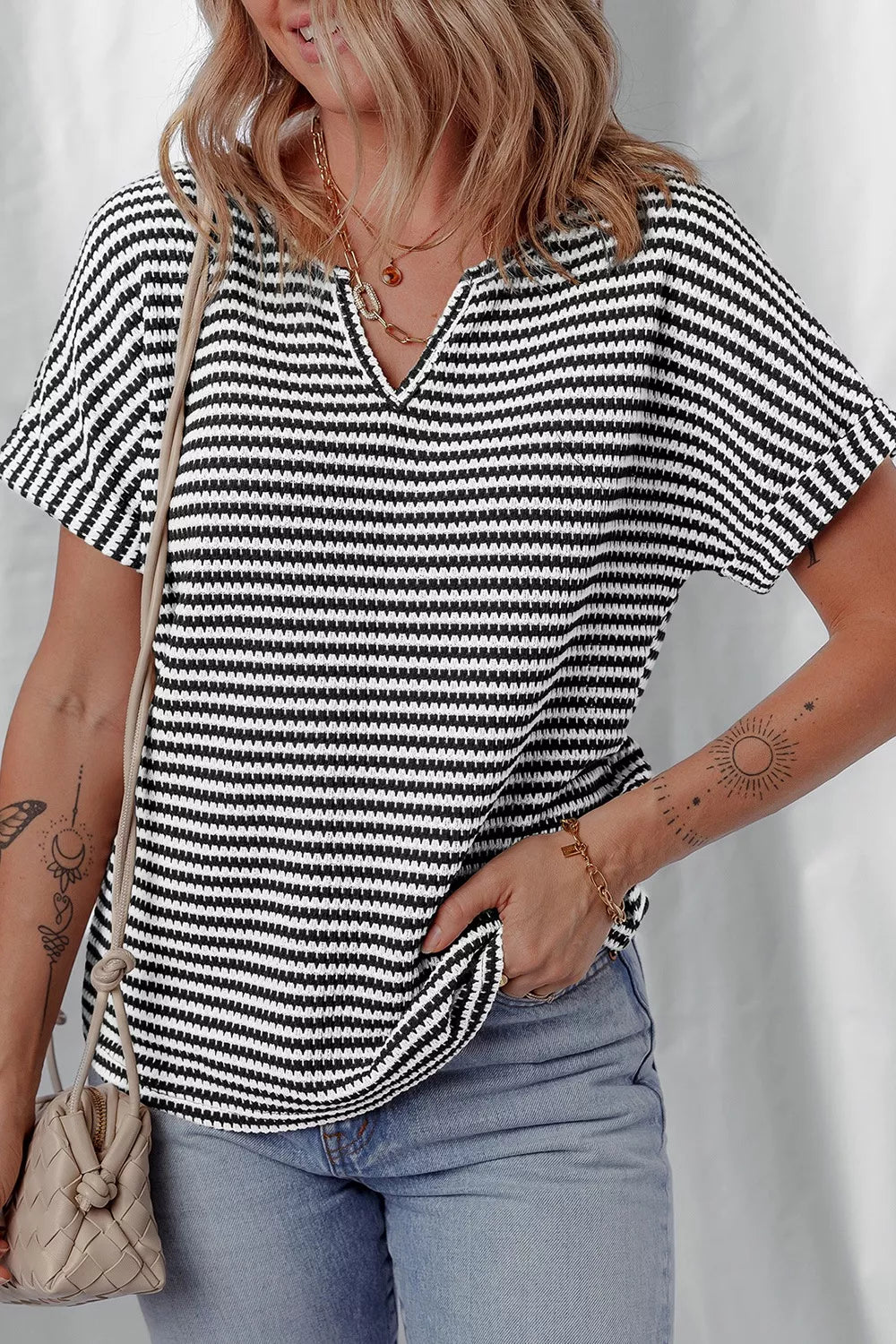Stripe Textured Knit Notched Neck Cuffed Short Sleeve Shirt - Be Bliss Boutique