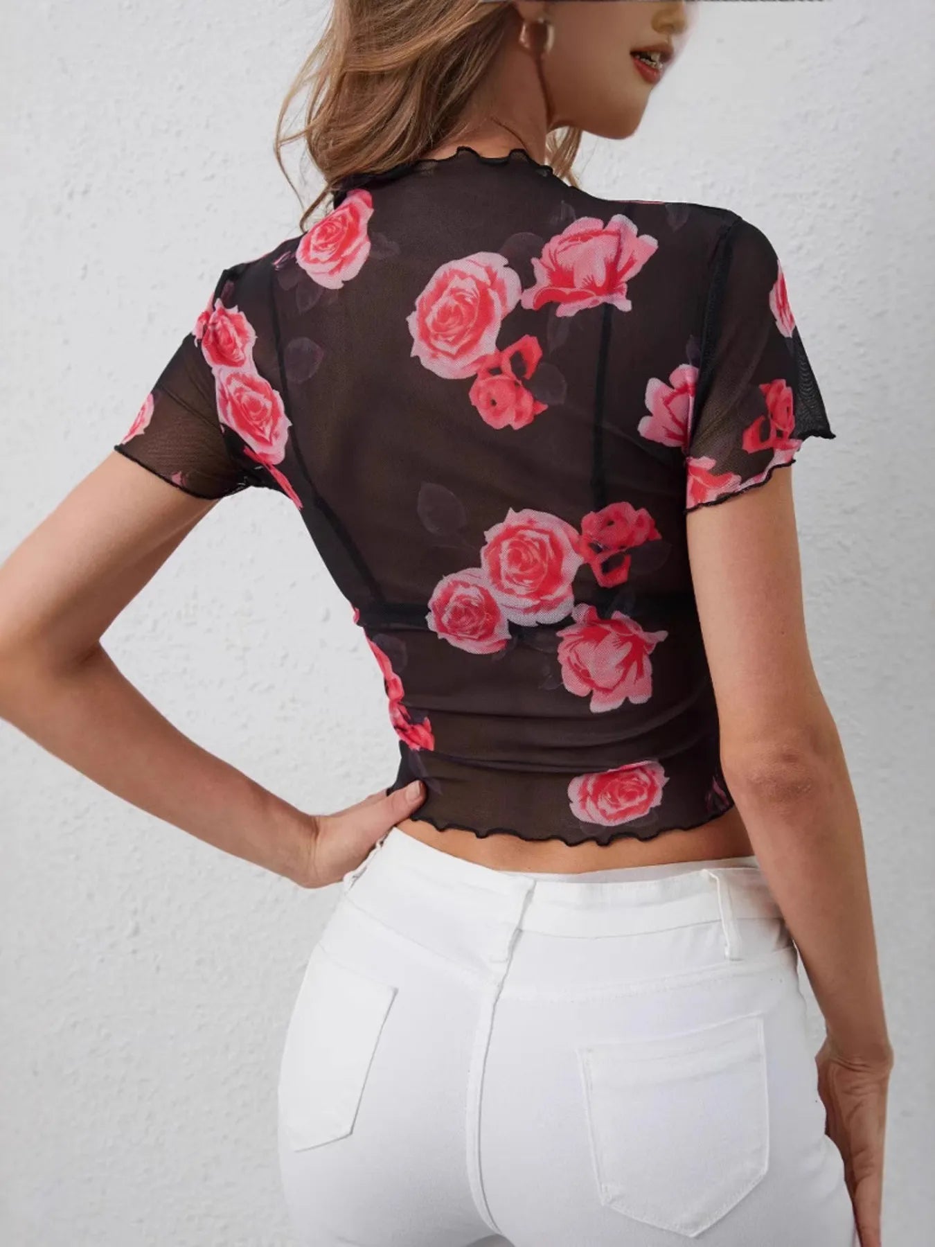 Mesh Rose Print Fitted T-Shirt - Be Bliss Boutique
