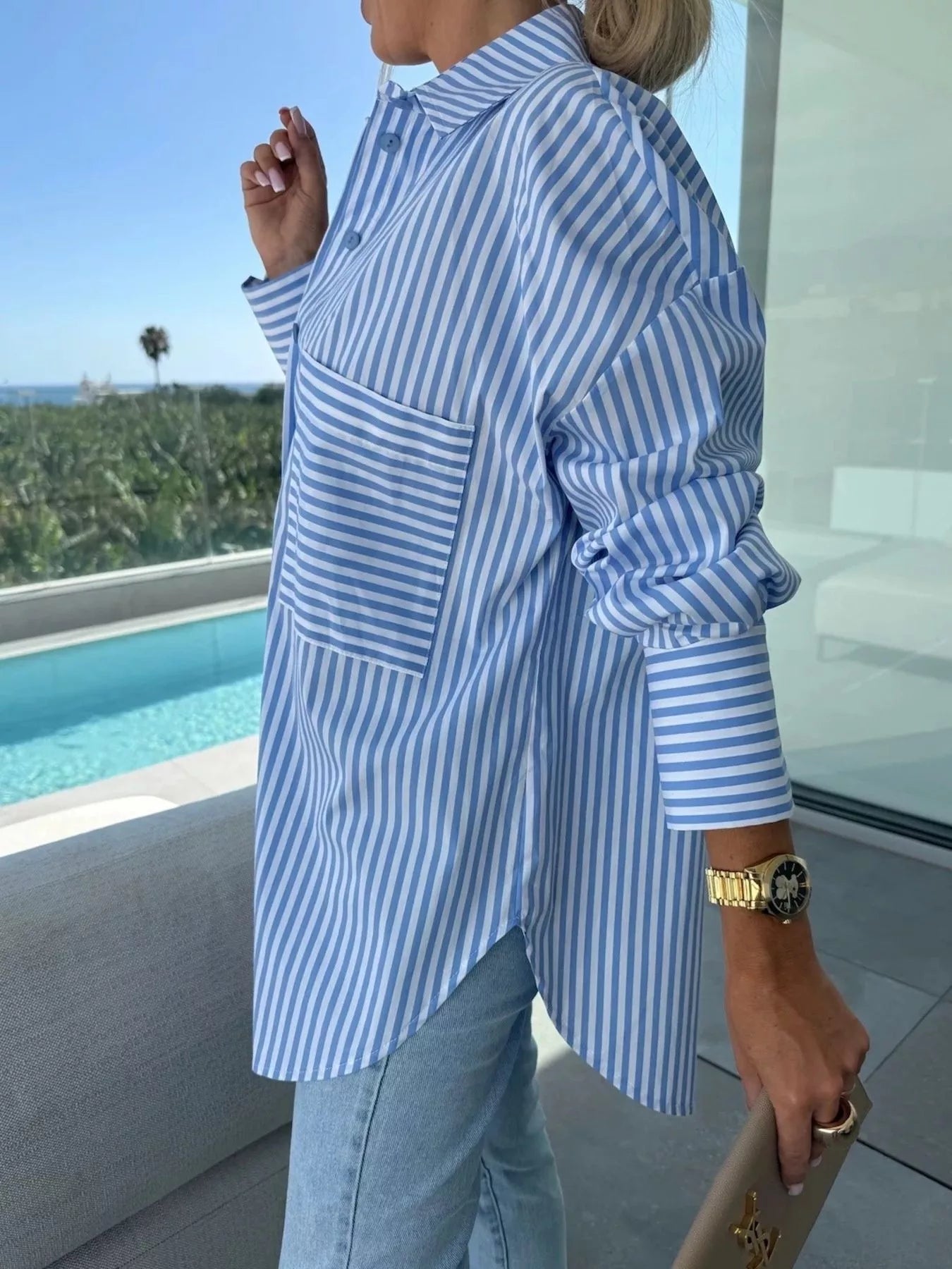 Striped Oversized Button-Down Shirt -  Be Bliss Boutique