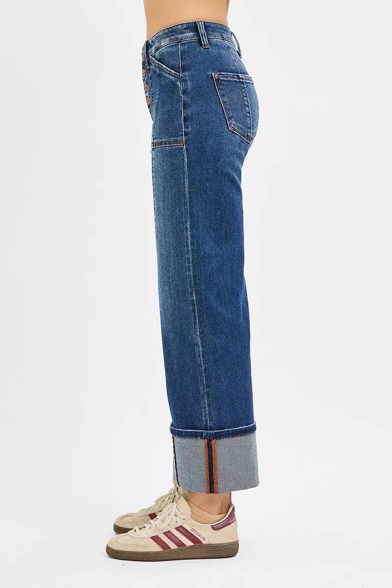 RISEN Full Size High Rise Crop Wide Straight Cuffed Jeans Plus Size - Be Bliss Boutique