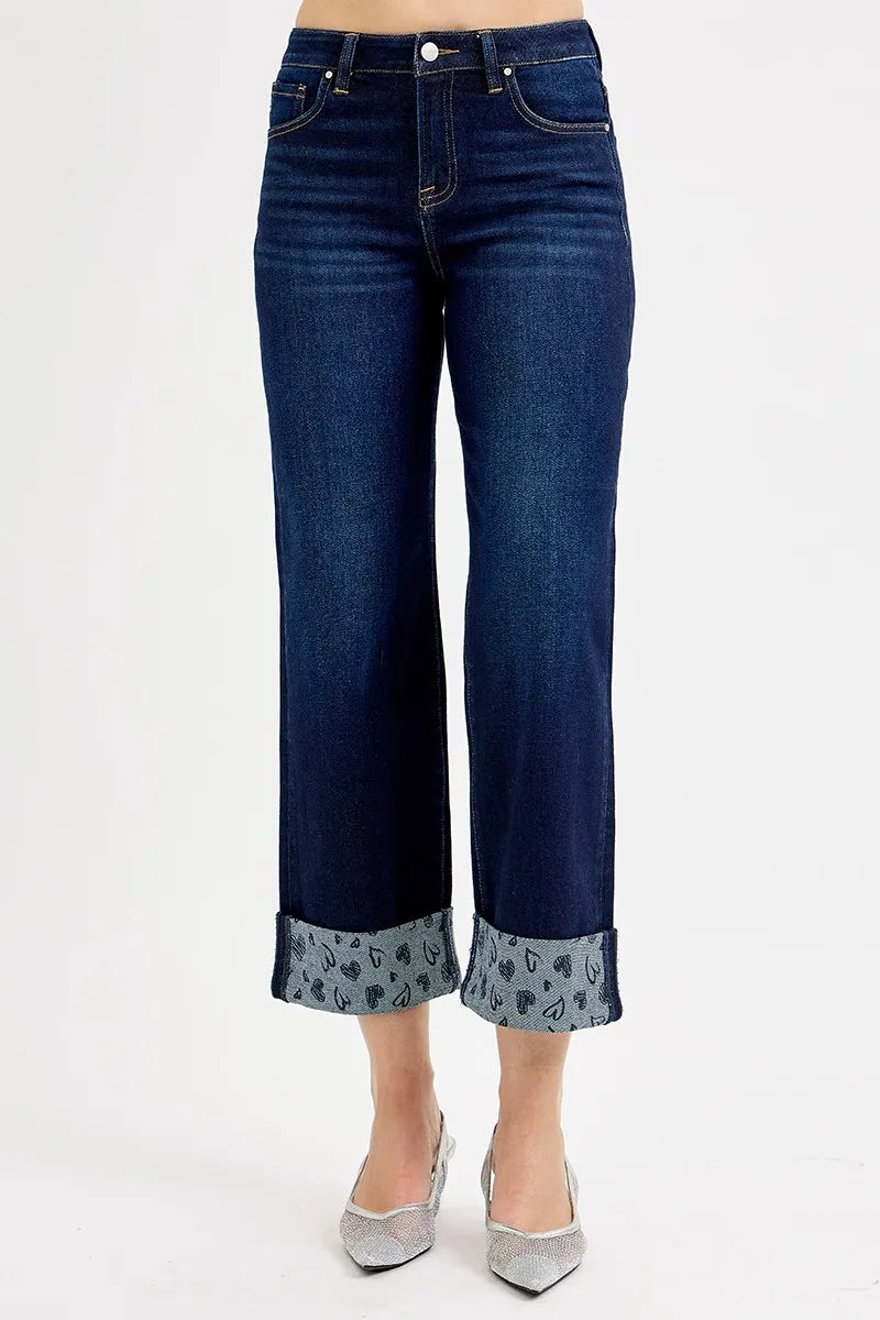 RISEN Full Size Mid Rise Fit Crop Wide With Printed Cuff Jeans Plus Size -  Be Bliss Boutique