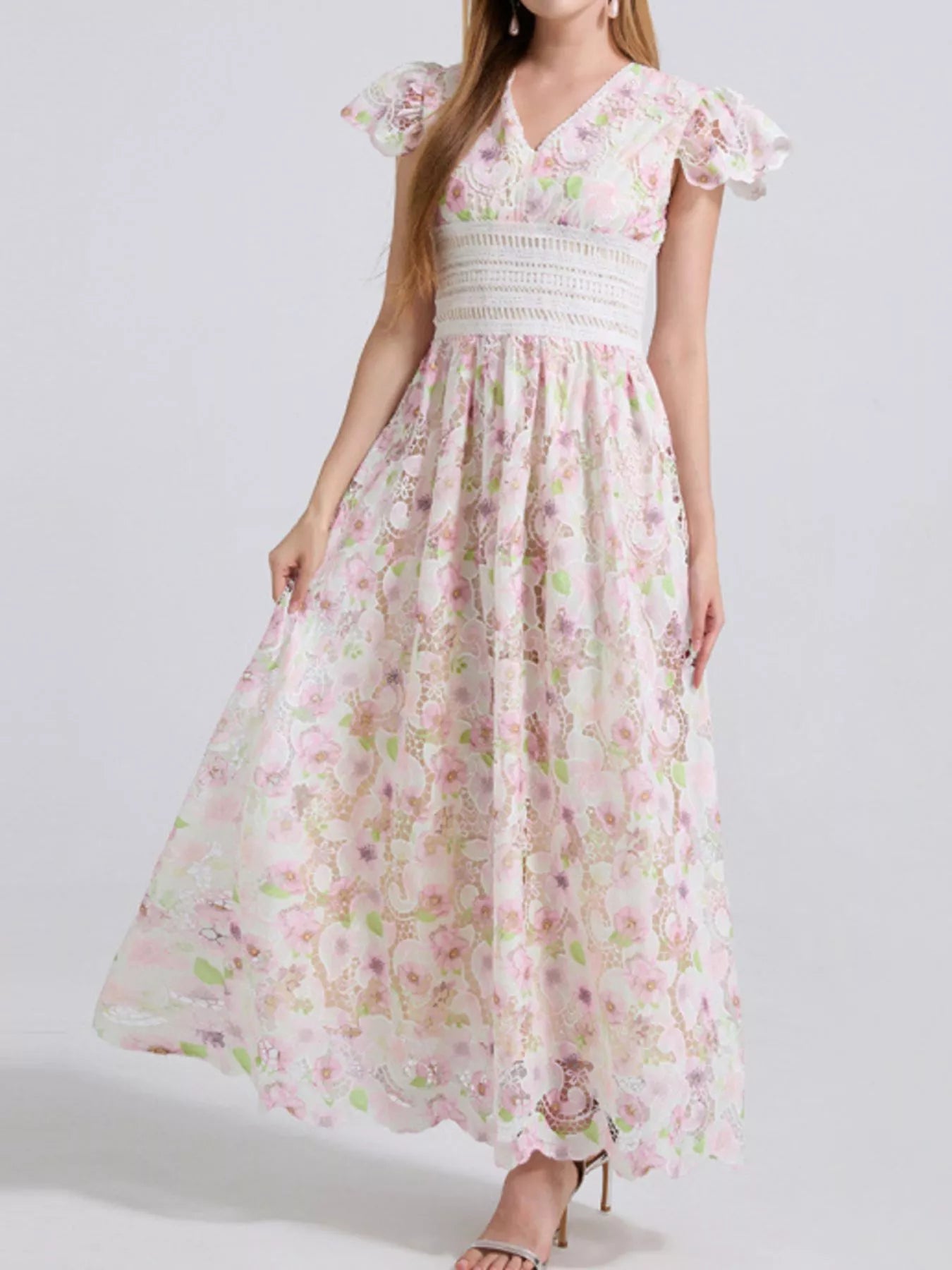 Printed V-Neck Ruffle Sleeve Midi Dress - Be Bliss Boutique