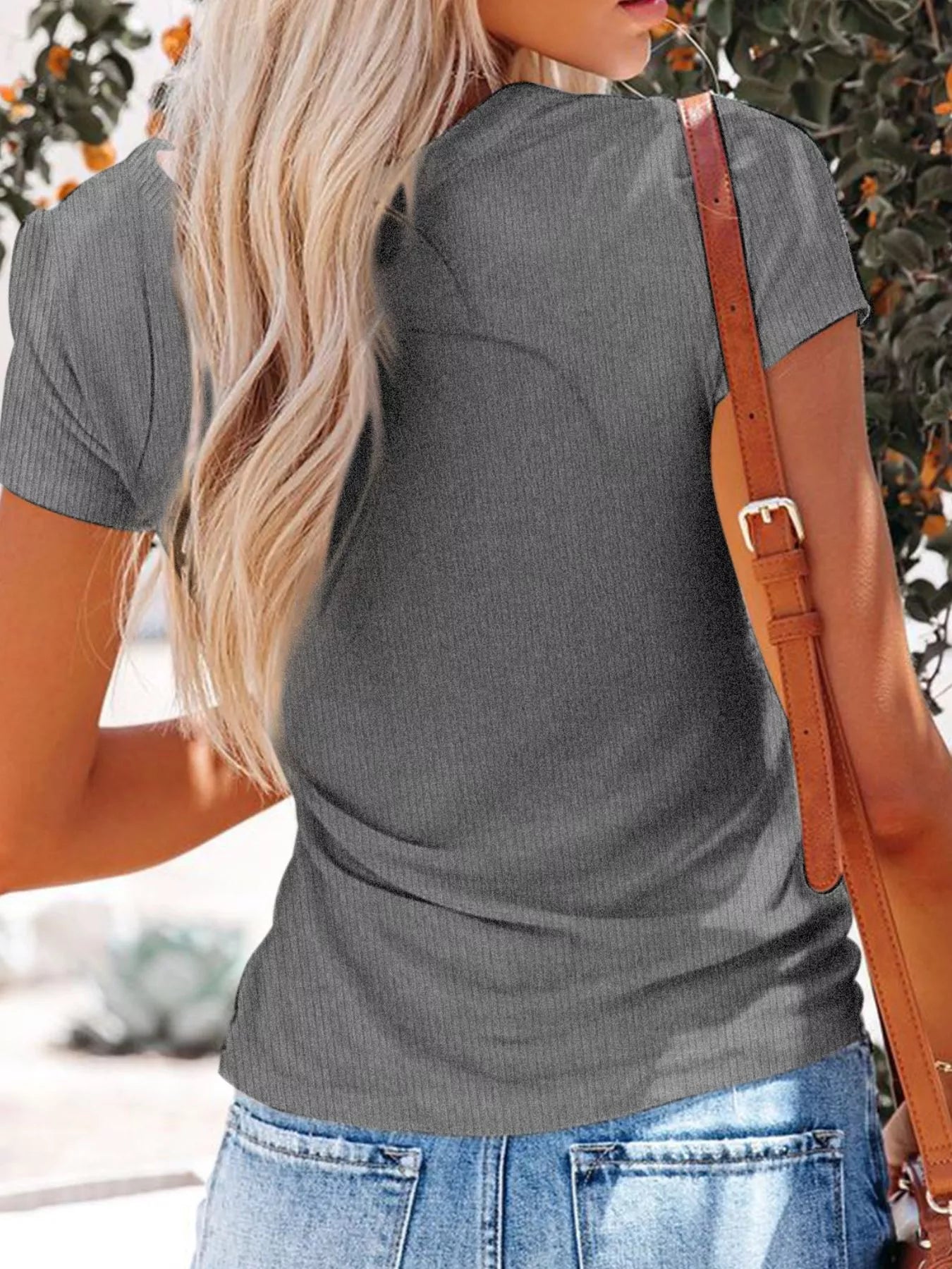 Full Size Casual Button Detail Womens V Neck T Shirt - Be Bliss Boutique