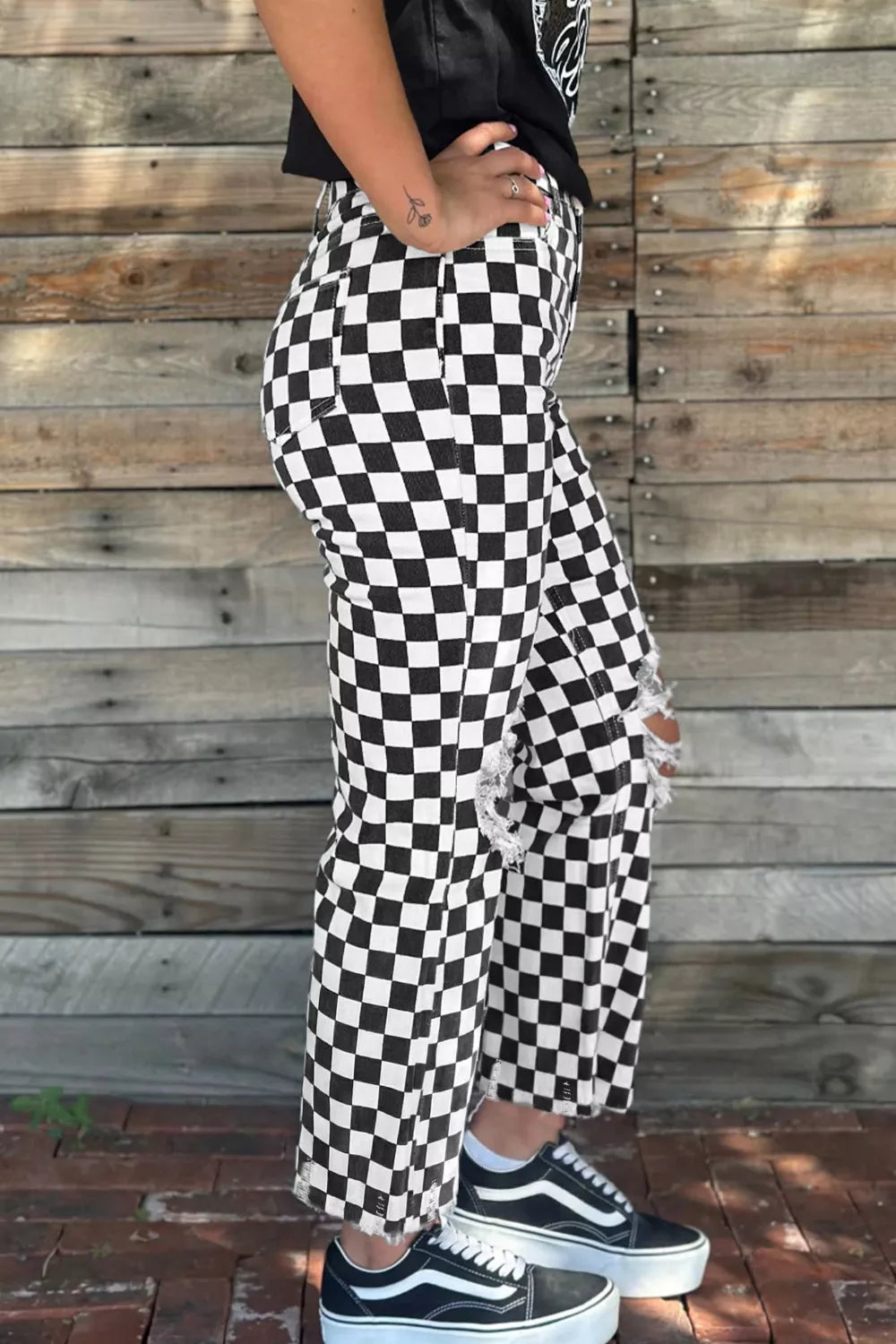 Checkerboard Print Distressed Holes Raw Edge Cropped Jeans - Be Bliss Boutique