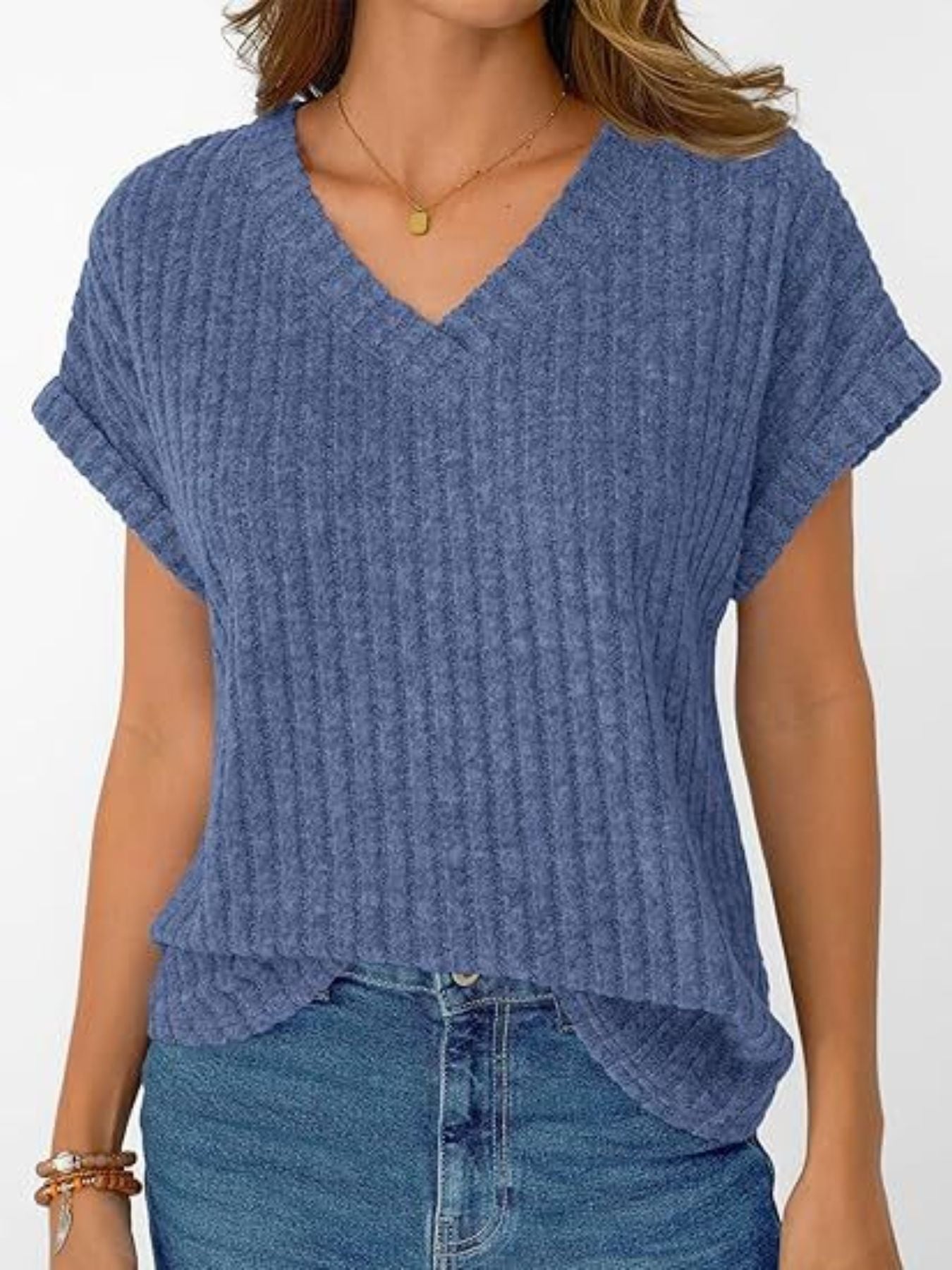 Ribbed Knit V Neck Relaxed Fit T Shirt - Be Bliss Boutique