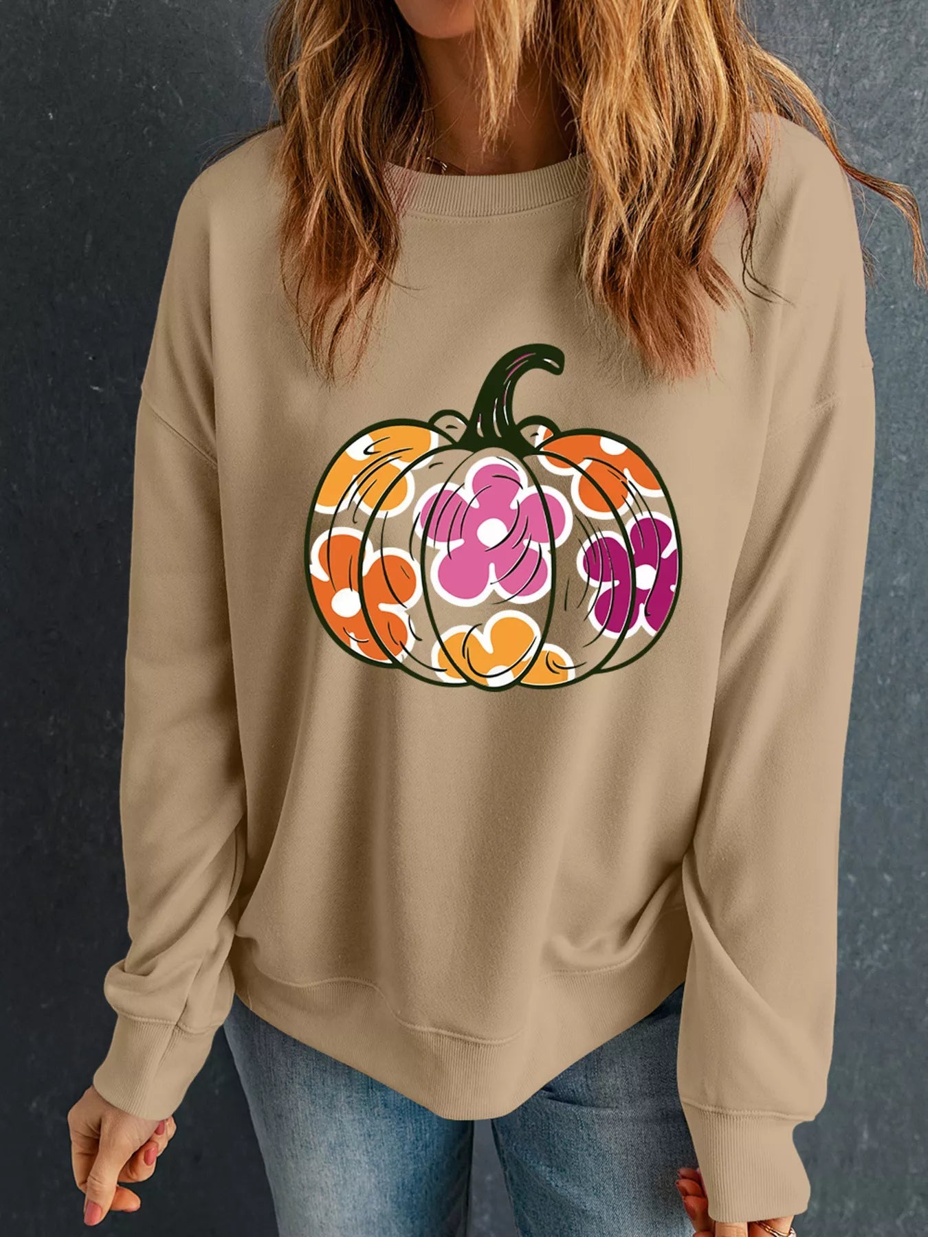 Halloween Floral Pumpkin Graphic Drop Shoulder Sweatshirt -  Be Bliss Boutique