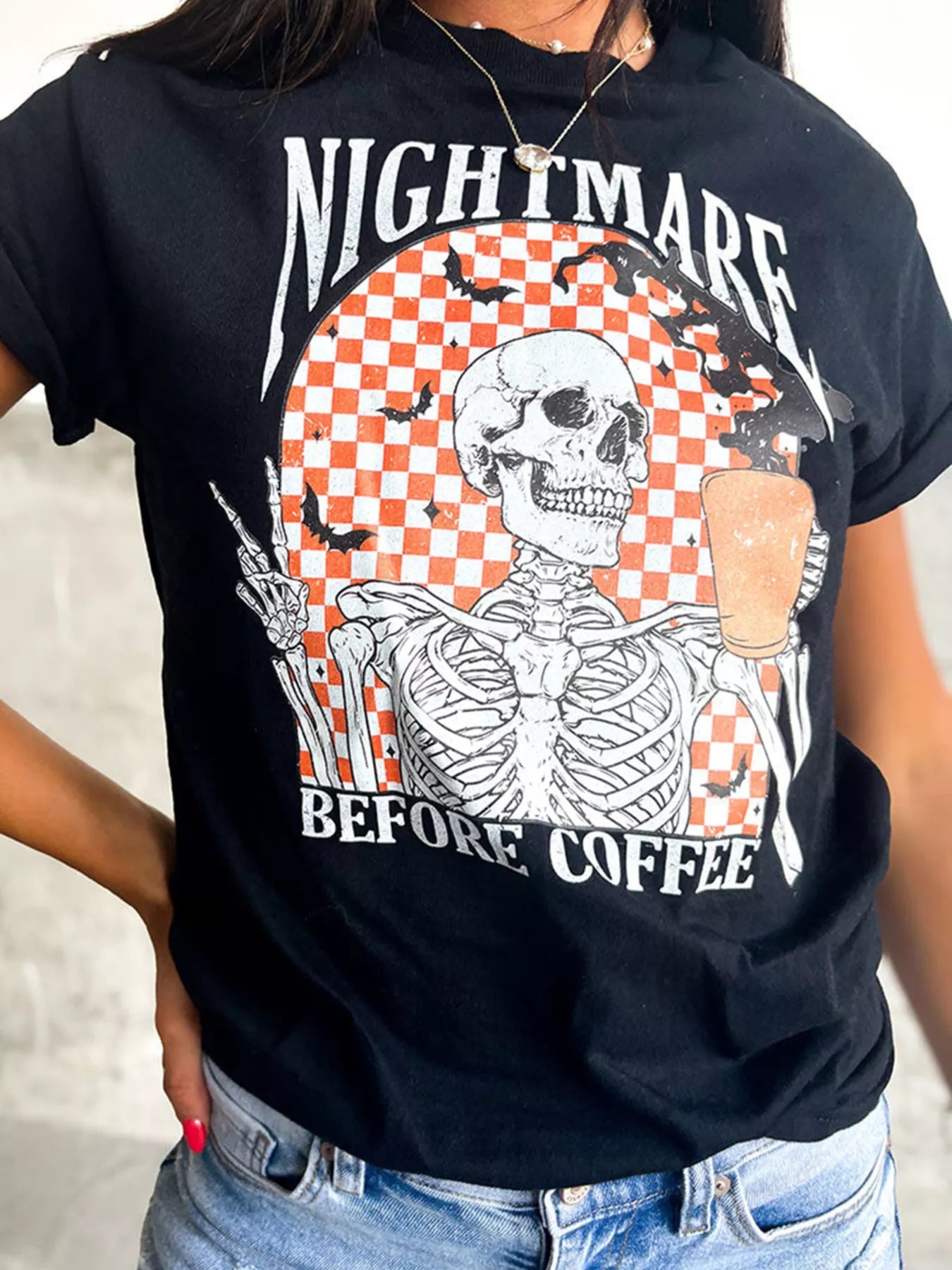Halloween Skull Checkerboard Graphic Round Neck Tee -  Be Bliss Boutique